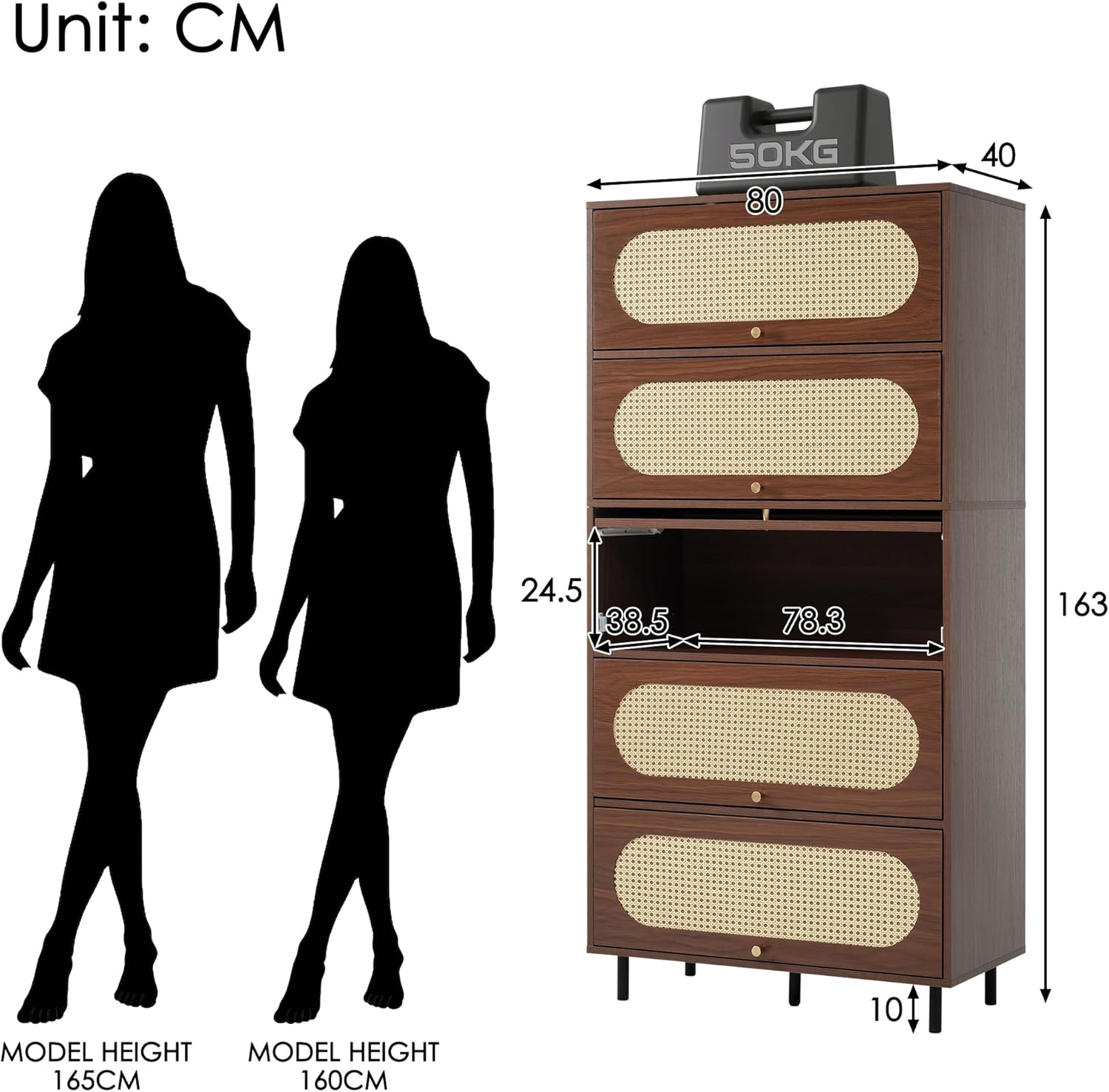 Merax Kommode mit 5 Schublade, Sideboard Nussbaum mit Rattan, Komodenschrank, Mehrzweckschrank, Kommode, Flurschrank, Highboard für Schlafzimmer und Wohnzimmer, Retro, 80x40x163 cm, Nussbaum — Ansicht 2