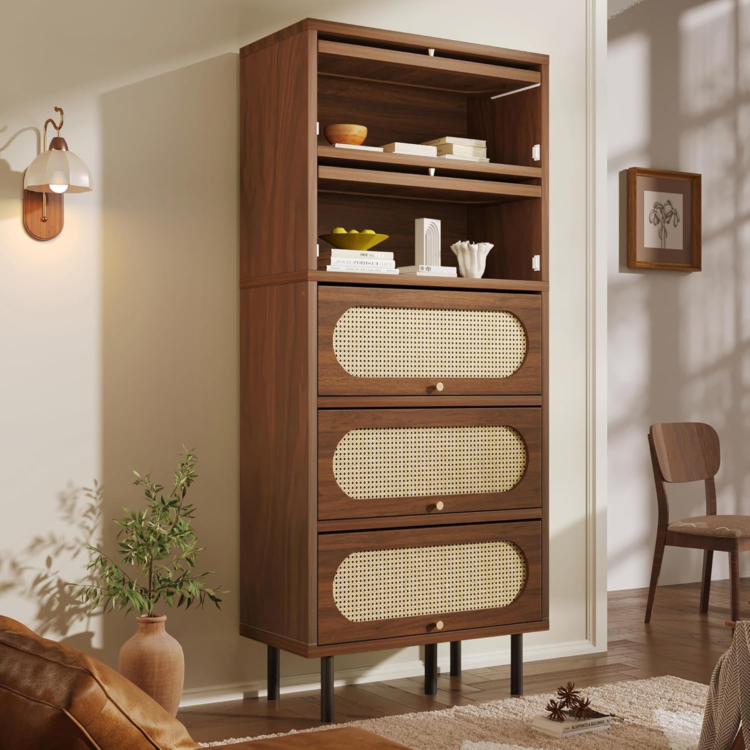 Merax Kommode mit 5 Schublade, Sideboard Nussbaum mit Rattan, Komodenschrank, Mehrzweckschrank, Kommode, Flurschrank, Highboard für Schlafzimmer und Wohnzimmer, Retro, 80x40x163 cm, Nussbaum