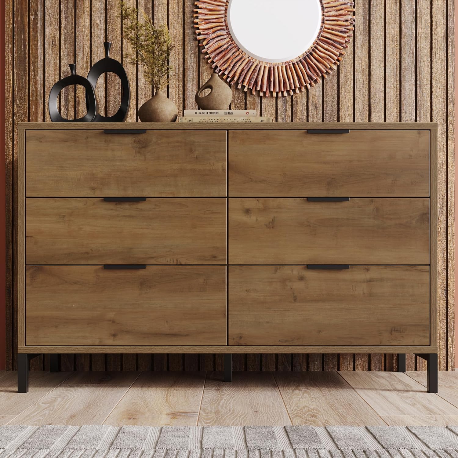 Merax Kommode mit 6 Schubladen 120 cm, Sideboard Schubladenschrank mit Viel Stauraum, Aufbewahrungsschrank in Dunkle Eiche, Verstellbares Metallbeinen, für Schlafzimmer, Wohnzimmer, 120 x 40 x 76 cm