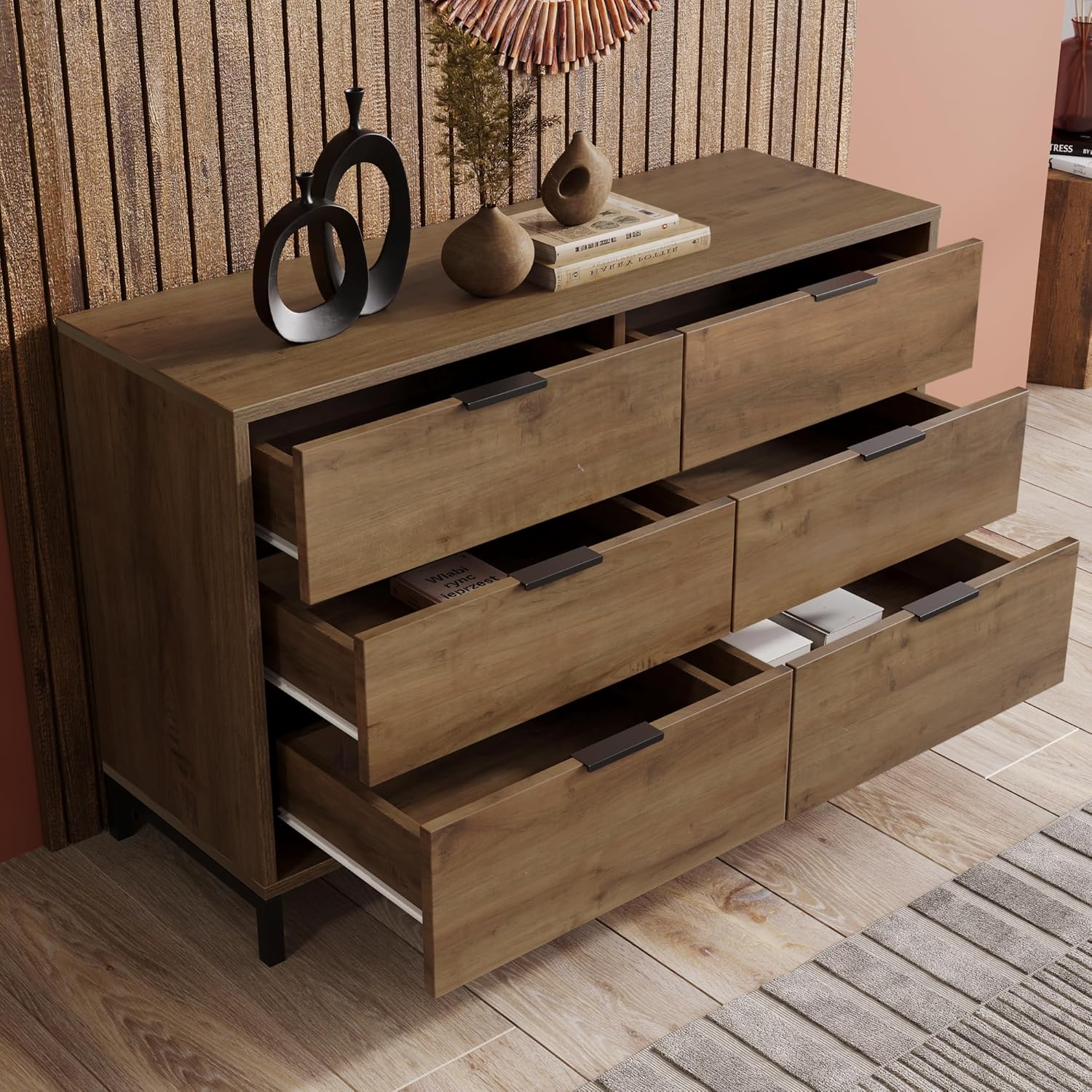 Merax Kommode mit 6 Schubladen 120 cm, Sideboard Schubladenschrank mit Viel Stauraum, Aufbewahrungsschrank in Dunkle Eiche, Verstellbares Metallbeinen, für Schlafzimmer, Wohnzimmer, 120 x 40 x 76 cm — Ansicht 4