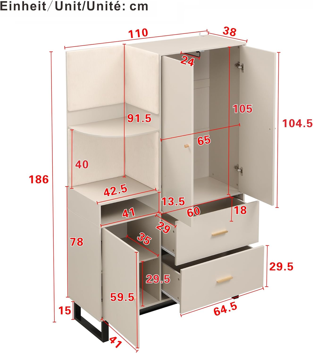 Merax Kompaktgarderobe 110x186x38 cm, mit Regal & Schubladen, Flurgarderobe Dielenschrank Kleiderschrank mit Türen, Schuhschrank & Ablageflächen, Moderne Garderobe für Diele & Flur, Graubeige — Ansicht 2