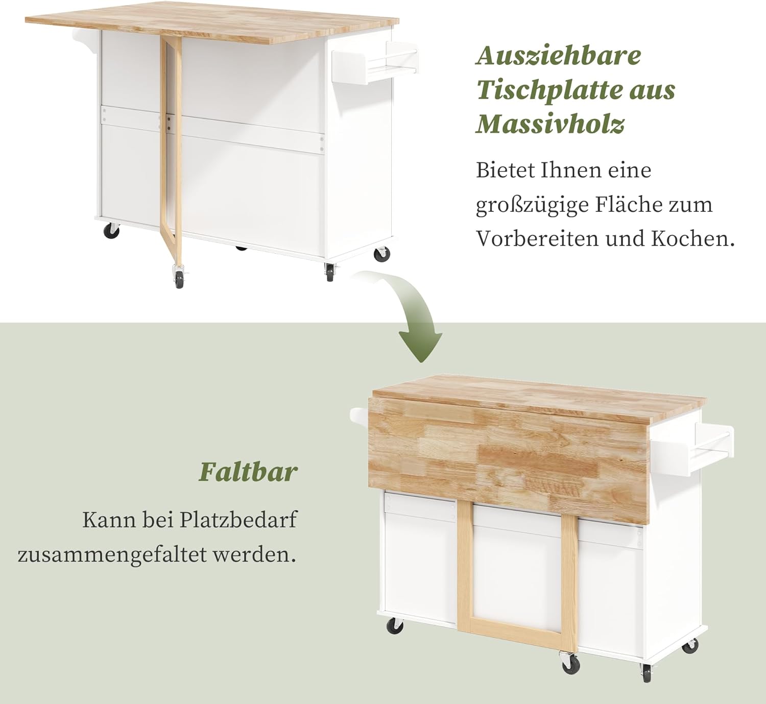 Merax Kücheninsel Freistehend, Kitchen Island mit Klappbarer Arbeitsplatte, 5 Rollen, Verstellbarer Ablage, 3 Schubladen und Gewürzregal, Küchenwagen, Küchenschrank für Küche, 137×76×92cm (Weiß) — Ansicht 4