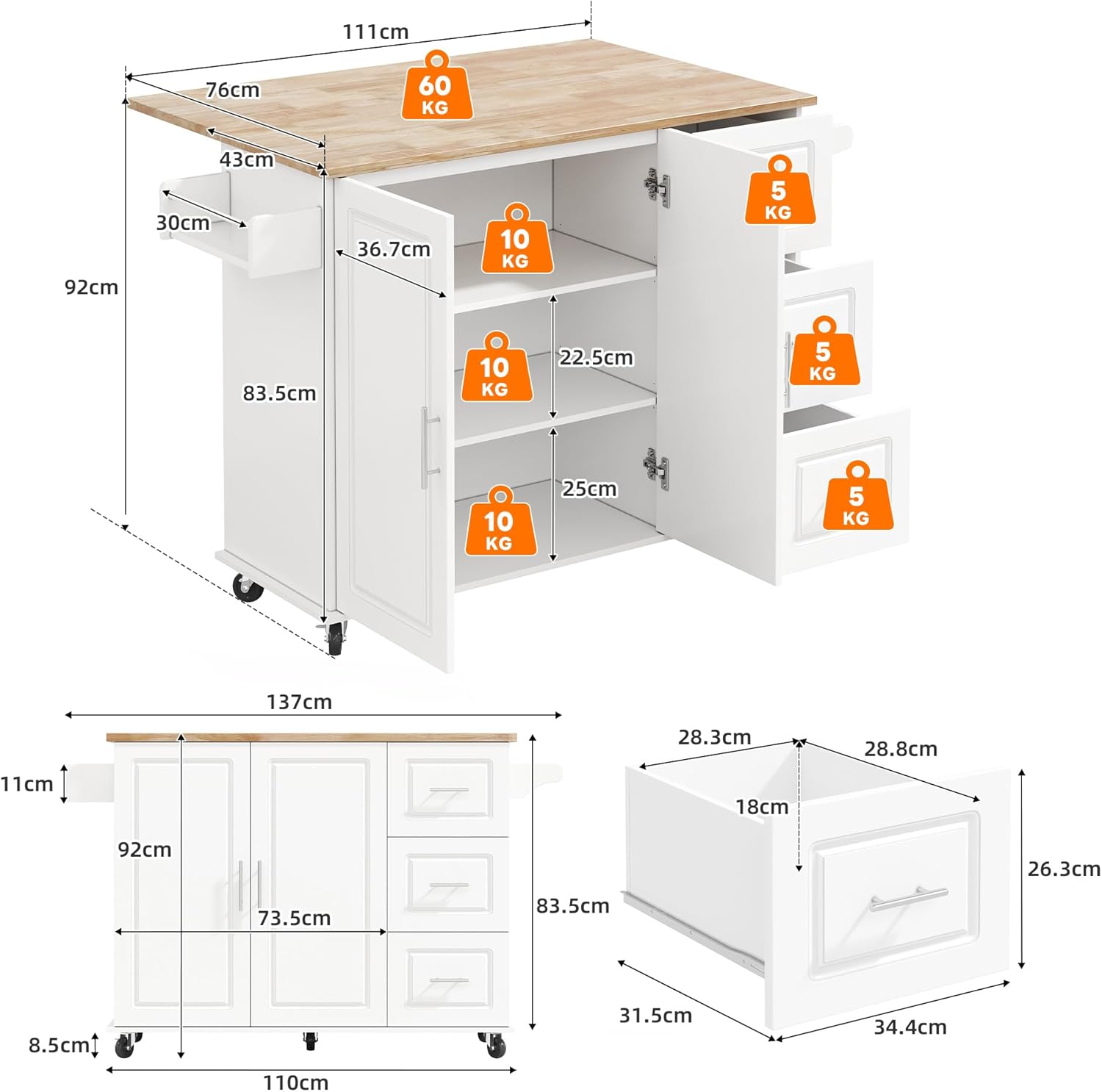Merax Kücheninsel Freistehend, Kitchen Island mit Klappbarer Arbeitsplatte, 5 Rollen, Verstellbarer Ablage, 3 Schubladen und Gewürzregal, Küchenwagen, Küchenschrank für Küche, 137×76×92cm (Weiß) — Ansicht 5