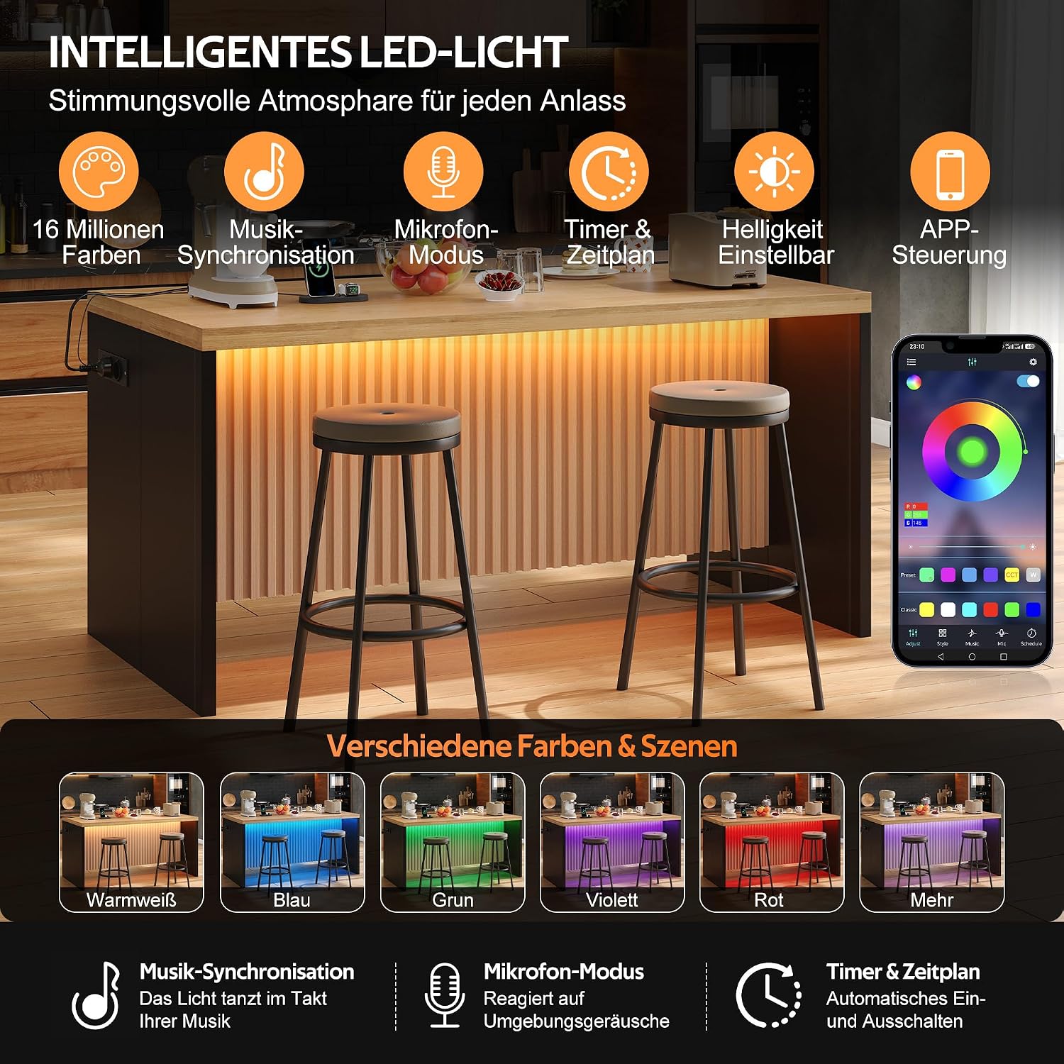 Merax Kücheninsel Freistehend mit 40mm Holzoptik Arbeitsplatte, Kücheninsel mit LED, Steckdose 2xSteckdosen,2xUSB, Moderne Bartisch für Küche, Esszimmer, 155 x 80 x 90cm, Schwarz + Natur — Ansicht 3