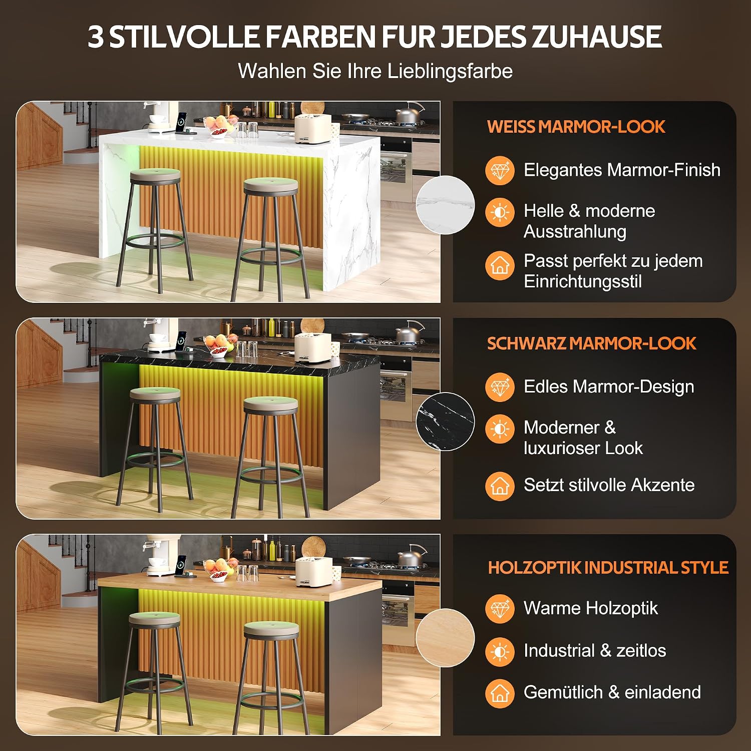Merax Kücheninsel Freistehend mit 40mm Holzoptik Arbeitsplatte, Kücheninsel mit LED, Steckdose 2xSteckdosen,2xUSB, Moderne Bartisch für Küche, Esszimmer, 155 x 80 x 90cm, Schwarz + Natur — Ansicht 6