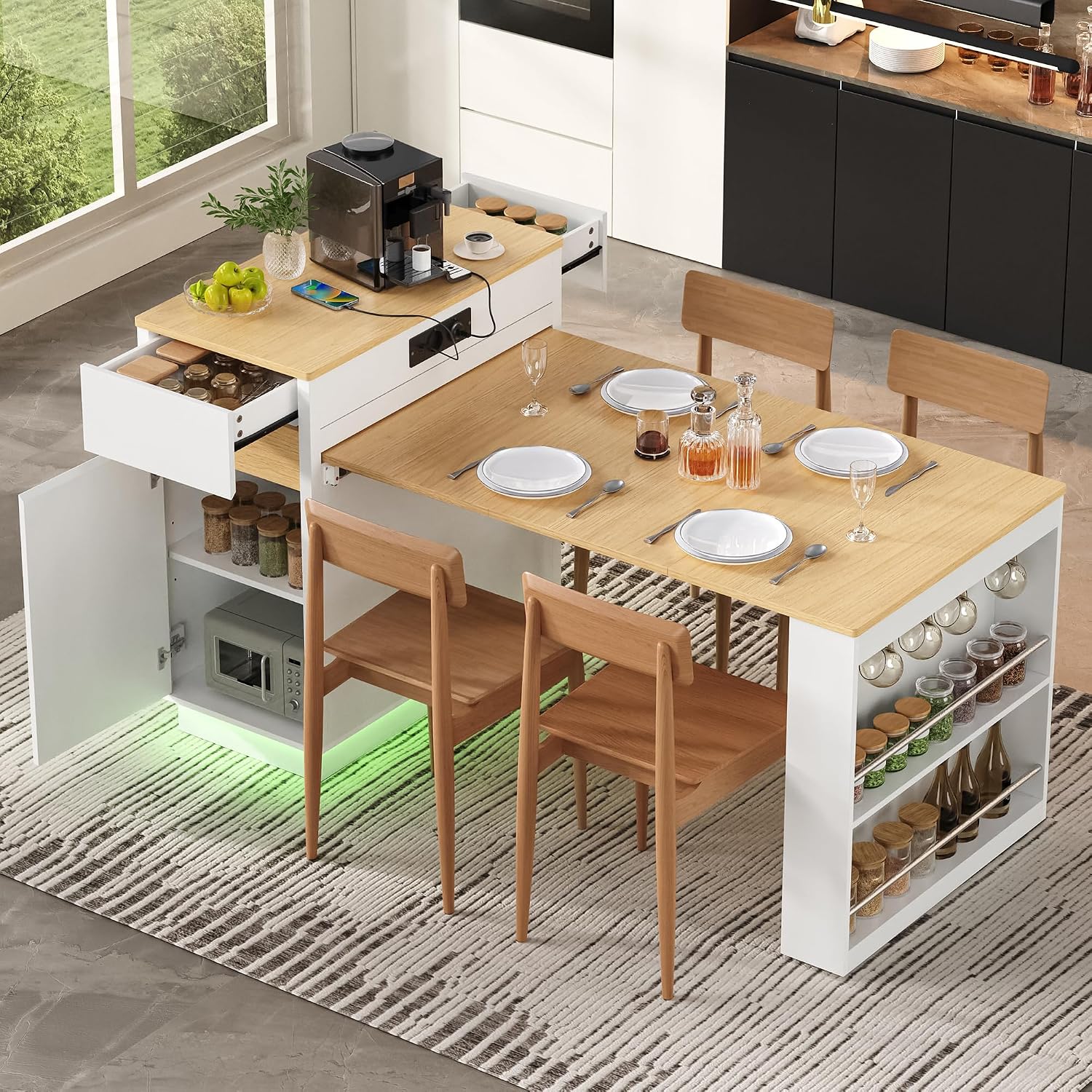 Merax Kücheninsel Freistehend mit Rollen, Ausziehbarer Esstisch 154 cm, Küchenschrank mit LED & Steckdosenleisten & Viel Stauraum & Haken, Multifunktionaler Bartisch für Küche und Esszimmer, Weiß
