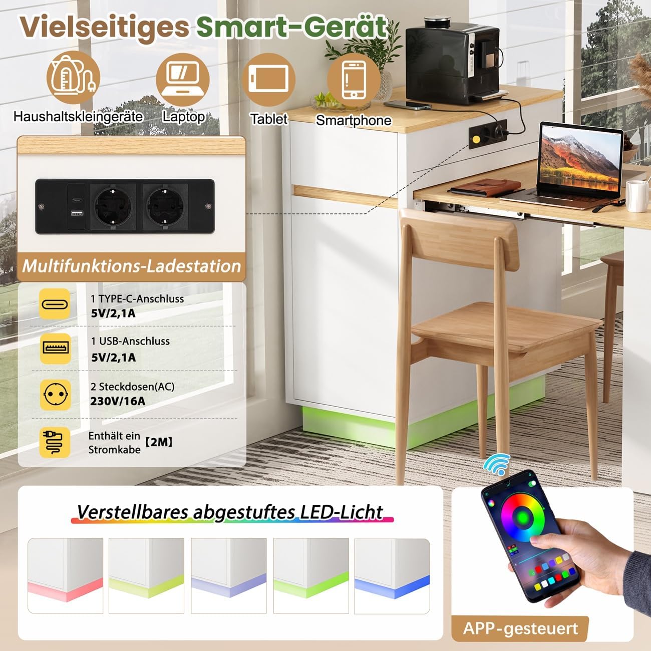 Merax Kücheninsel Freistehend mit Rollen, Ausziehbarer Esstisch 154 cm, Küchenschrank mit LED & Steckdosenleisten & Viel Stauraum & Haken, Multifunktionaler Bartisch für Küche und Esszimmer, Weiß — Ansicht 6