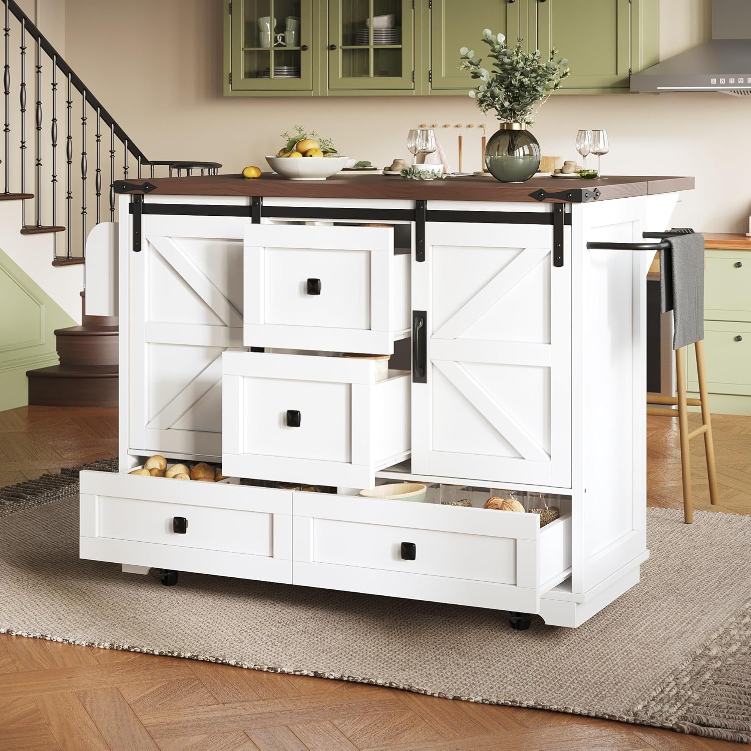 Merax Kücheninsel freistehend mit Rollen, Landhausstil Küchenwagen mit klappbarer Arbeitsplatte, Küchenschrank Holz mit Schiebetüren & Schubladen, Mobile Servierwagen für Küche Esszimmer, Weiß & Braun — Ansicht 2