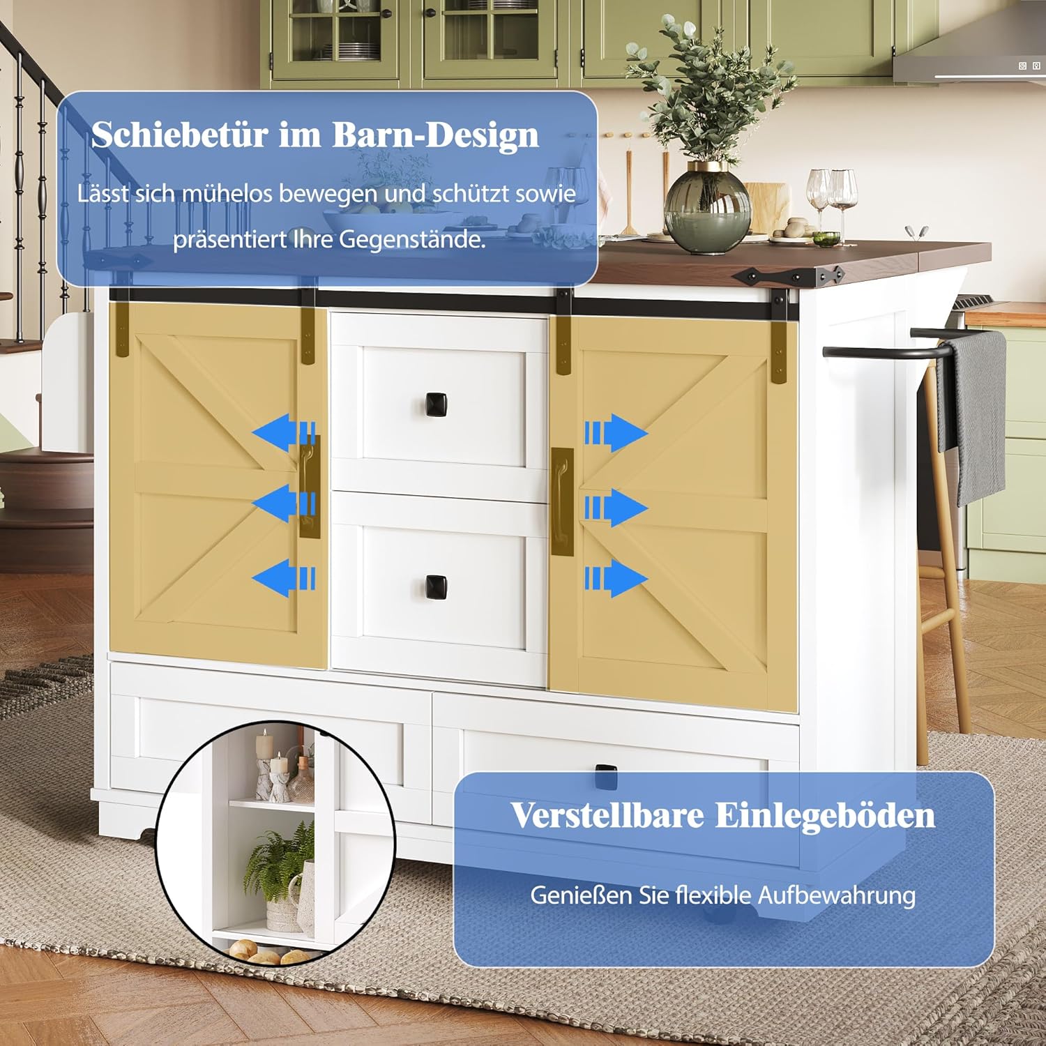 Merax Kücheninsel freistehend mit Rollen, Landhausstil Küchenwagen mit klappbarer Arbeitsplatte, Küchenschrank Holz mit Schiebetüren & Schubladen, Mobile Servierwagen für Küche Esszimmer, Weiß & Braun — Ansicht 5