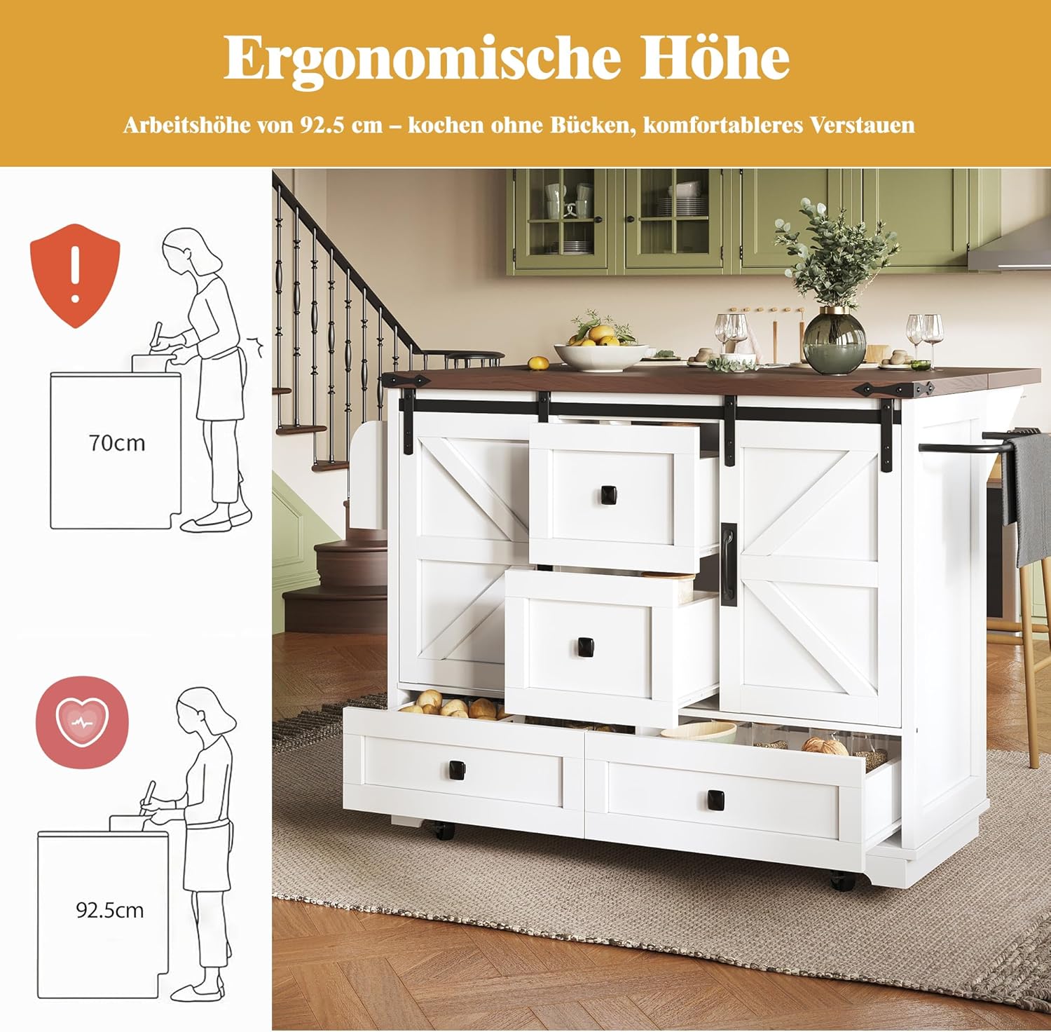 Merax Kücheninsel freistehend mit Rollen, Landhausstil Küchenwagen mit klappbarer Arbeitsplatte, Küchenschrank Holz mit Schiebetüren & Schubladen, Mobile Servierwagen für Küche Esszimmer, Weiß & Braun — Ansicht 6