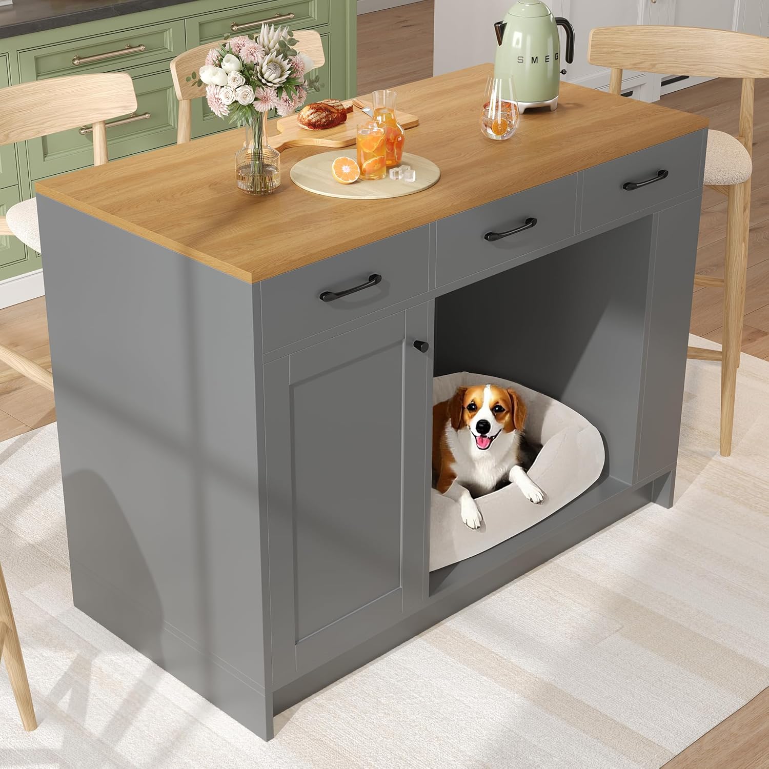 Merax Kücheninsel Küchenschrank mit Arbeitsplatte, Sideboard mit Lagerungsschrank, Schubladen, Gewürzablage, Offene Regale, Verstellbare Regale, Haustierbereich, MDF-Tischplatte mit Holzmaserung, Grau — Ansicht 5