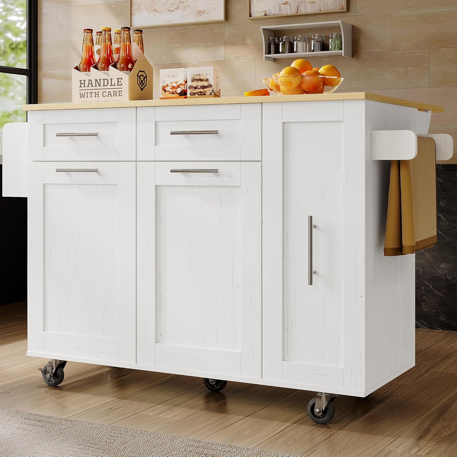 Merax Kücheninsel mit klappbare Arbeitsplatte, beweglicher Küchenwagen mit 3 Türen, 2 Schubladen, Lagerraum Ausziehbar für Gewürzregal, Handtuchregale an der Seite, 110×46(74)×90.5cm/Weiß — Ansicht 3
