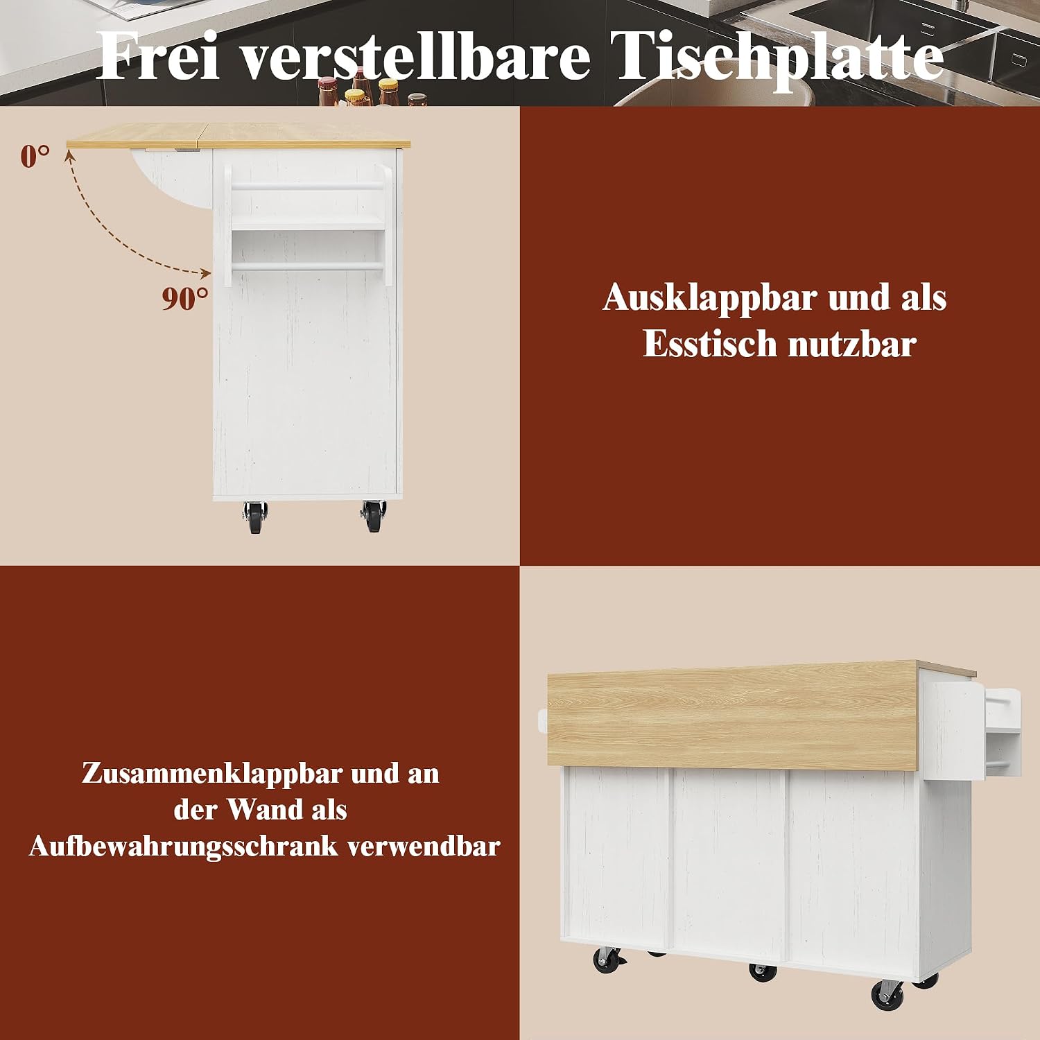 Merax Kücheninsel mit klappbare Arbeitsplatte, beweglicher Küchenwagen mit 3 Türen, 2 Schubladen, Lagerraum Ausziehbar für Gewürzregal, Handtuchregale an der Seite, 110×46(74)×90.5cm/Weiß — Ansicht 5