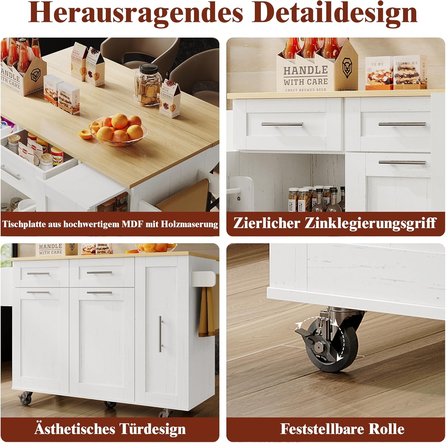 Merax Kücheninsel mit klappbare Arbeitsplatte, beweglicher Küchenwagen mit 3 Türen, 2 Schubladen, Lagerraum Ausziehbar für Gewürzregal, Handtuchregale an der Seite, 110×46(74)×90.5cm/Weiß — Ansicht 6