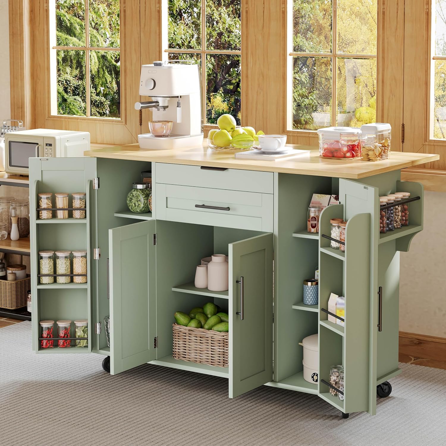 Merax Kücheninsel mit Klappbarer Arbeitsplatte, Kitchen Island mit Rollen, Schrank, Verdeckte Schubladen, Handtuchhalter und Gewürzregal, Küchenwagen, Küchenschrank, 136×70×92cm (Grün)