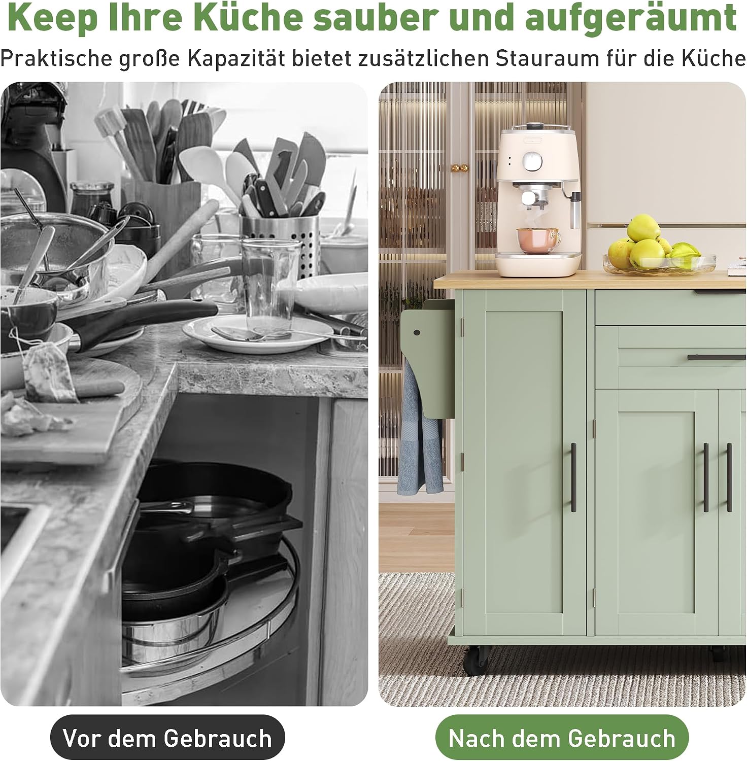 Merax Kücheninsel mit Klappbarer Arbeitsplatte, Kitchen Island mit Rollen, Schrank, Verdeckte Schubladen, Handtuchhalter und Gewürzregal, Küchenwagen, Küchenschrank, 136×70×92cm (Grün) — Ansicht 6