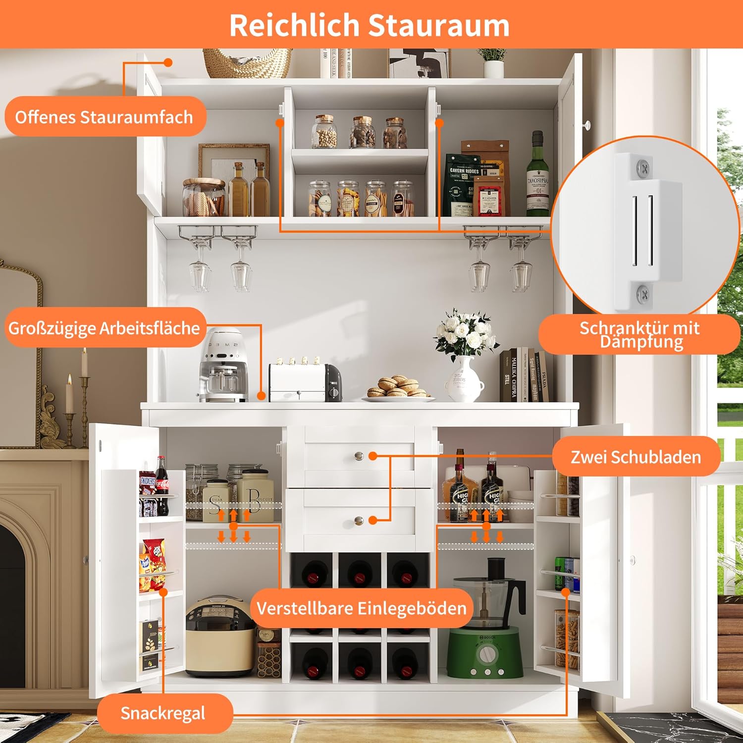 Merax Küchenschrank Buffetschrank, Hochschrank Sideboard, Küchenbuffet Vorratsschrank mit Arbeitsplatte, 4 Türen, 2 Schubladen, Weinglasregal, Offene Fächer, Mehrzweckschrank, 120x40x188cm, Weiß — Ansicht 4