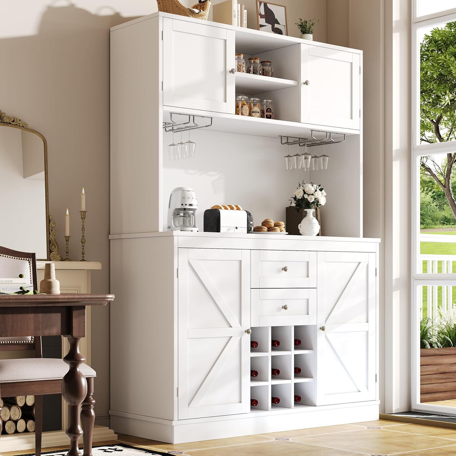 Merax Küchenschrank Buffetschrank, Hochschrank Sideboard, Küchenbuffet Vorratsschrank mit Arbeitsplatte, 4 Türen, 2 Schubladen, Weinglasregal, Offene Fächer, Mehrzweckschrank, 120x40x188cm, Weiß