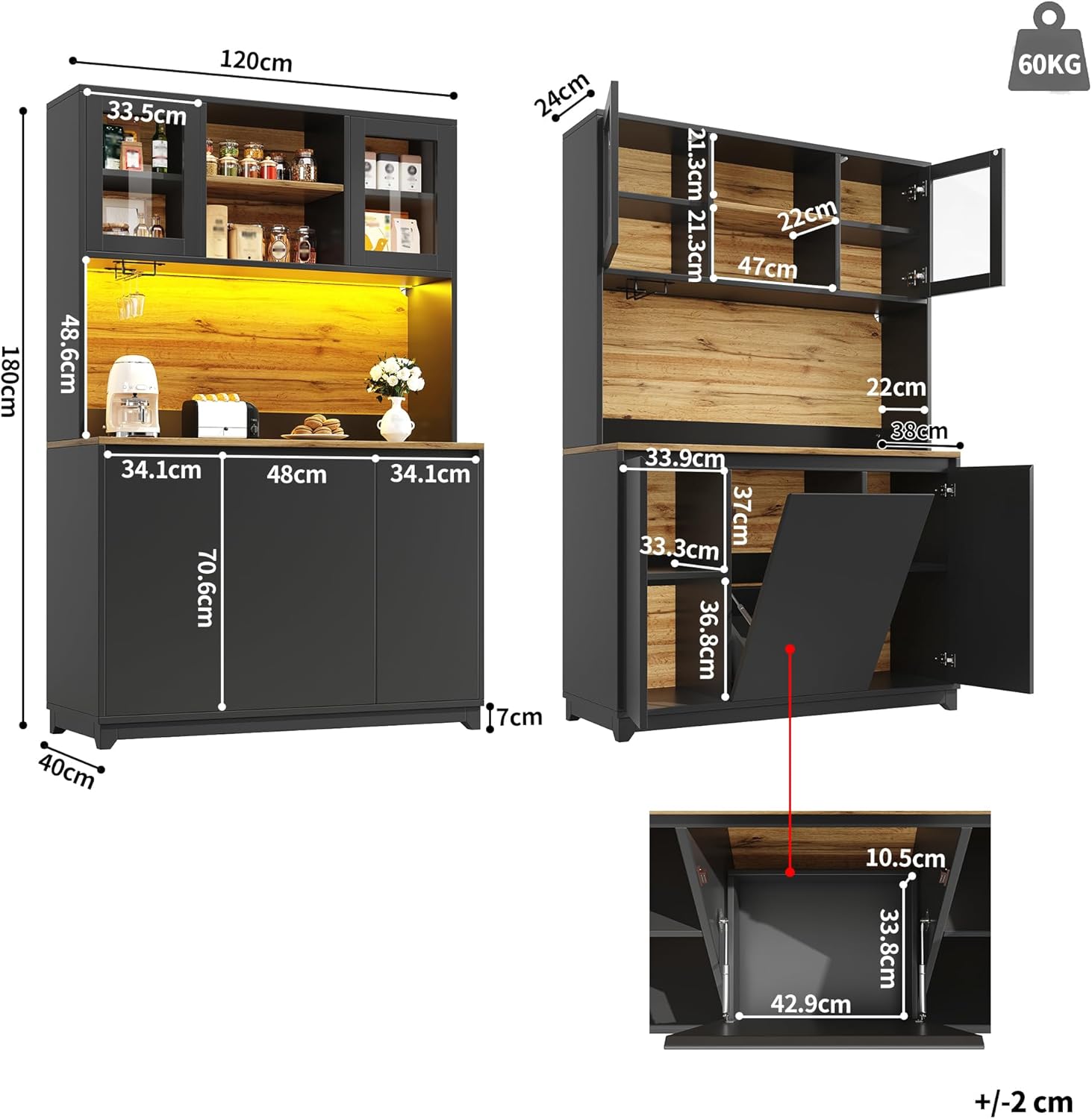 Merax Küchenschrank Buffetschrank mit LED, Mehrzweckschrank, Vorratsschrank, Hochschrank mit Arbeitsplatte, integriertem Abfallfach, Acryltüren, Sideboard für Küche, Esszimmer, 120x40x180cm, Schwarz — Ansicht 3