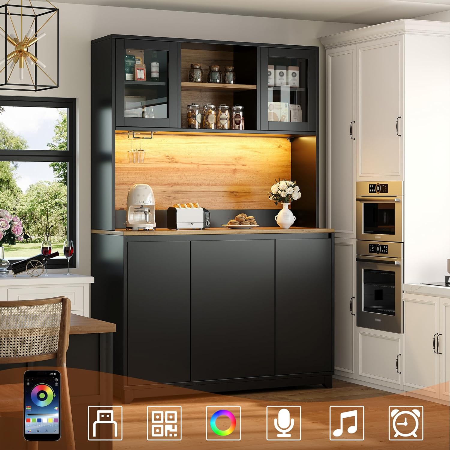 Merax Küchenschrank Buffetschrank mit LED, Mehrzweckschrank, Vorratsschrank, Hochschrank mit Arbeitsplatte, integriertem Abfallfach, Acryltüren, Sideboard für Küche, Esszimmer, 120x40x180cm, Schwarz — Ansicht 5