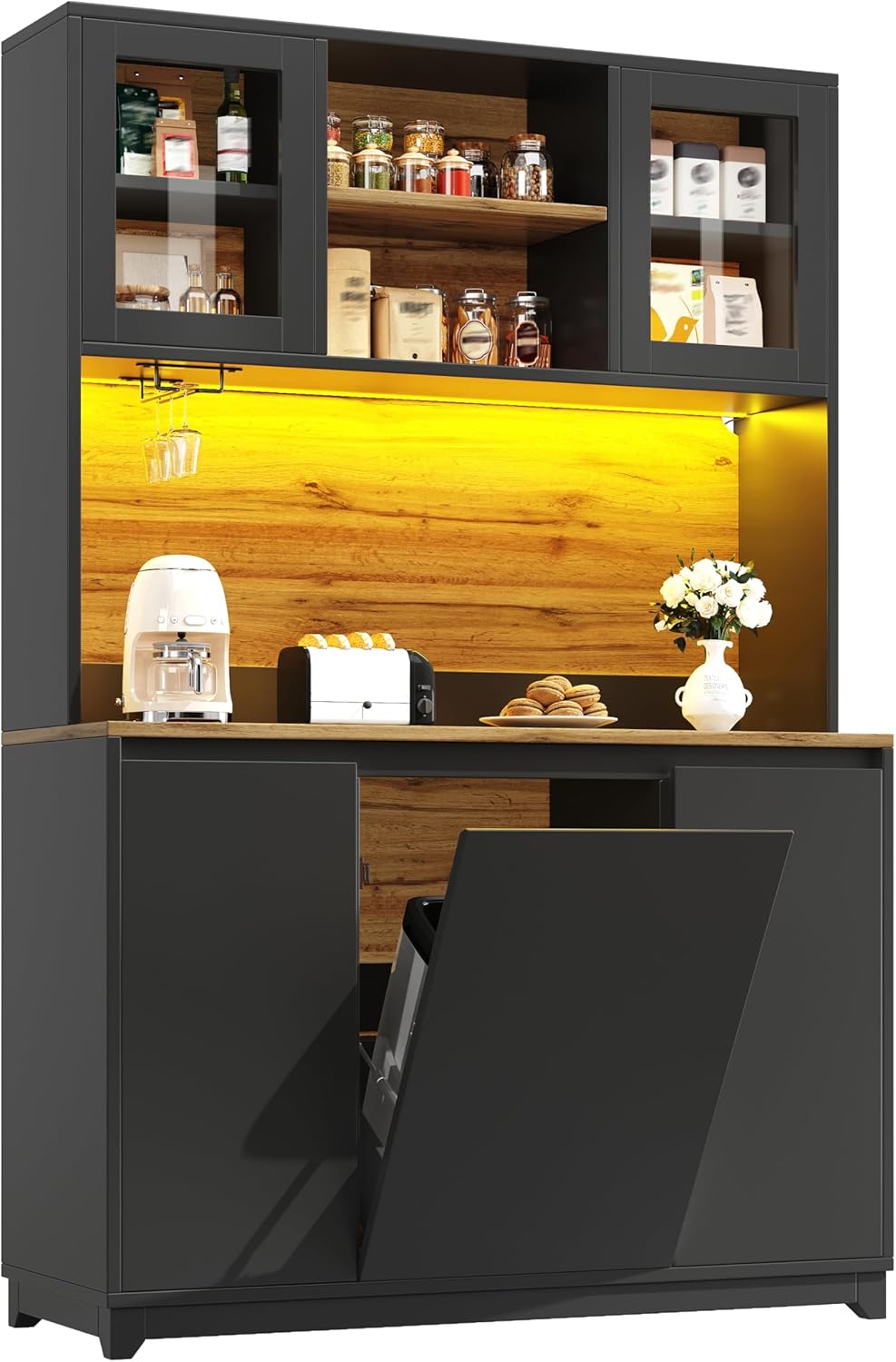 Merax Küchenschrank Buffetschrank mit LED, Mehrzweckschrank, Vorratsschrank, Hochschrank mit Arbeitsplatte, integriertem Abfallfach, Acryltüren, Sideboard für Küche, Esszimmer, 120x40x180cm, Schwarz