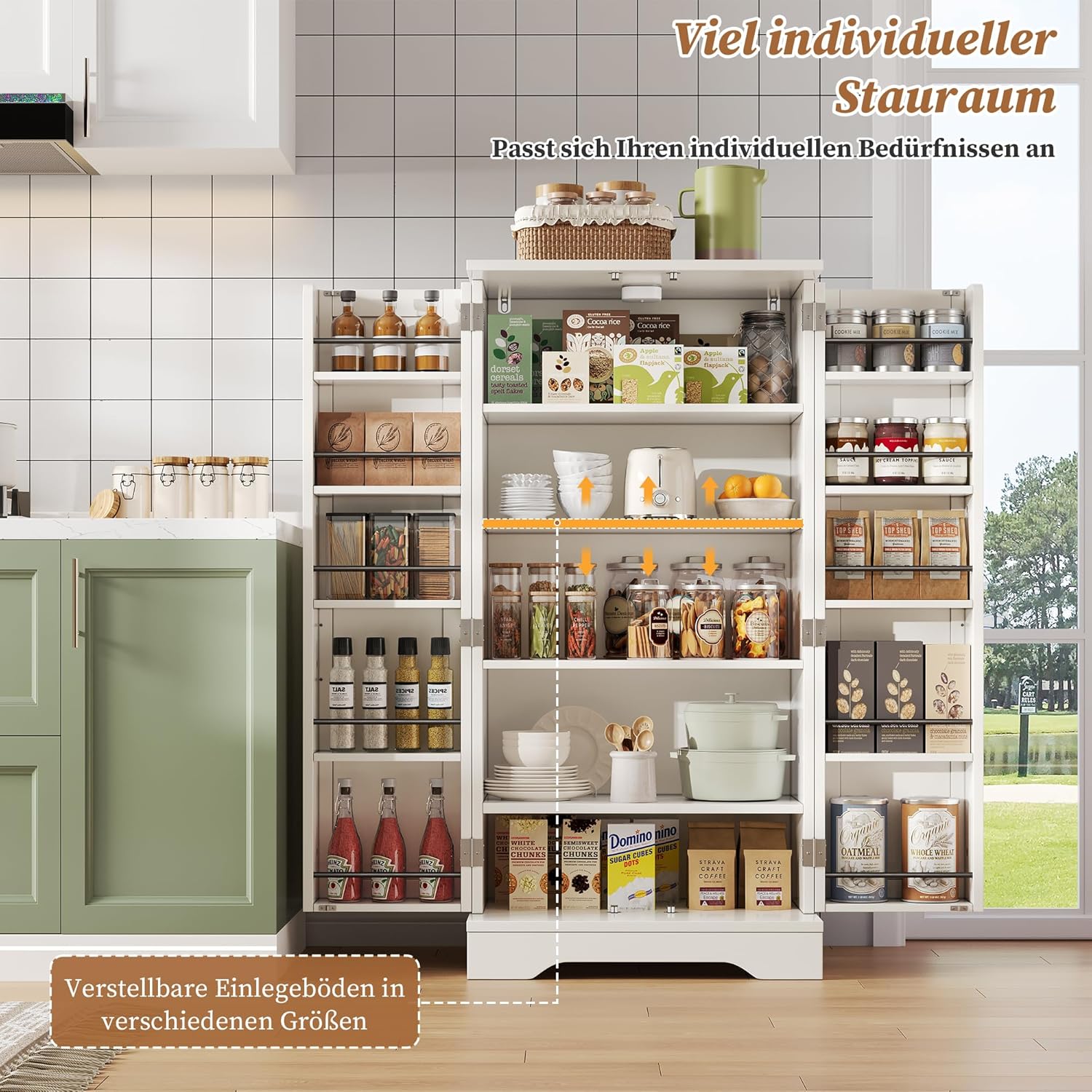 Merax Küchenschrank, Speisekammer, 120 × 60 × 40 cm, mit LED Sensor – Schrank 2 Türen mit verstellbaren Einlegeböden, Sideboard für Küche/Esszimmer/Wohnzimmer, weiß — Ansicht 5