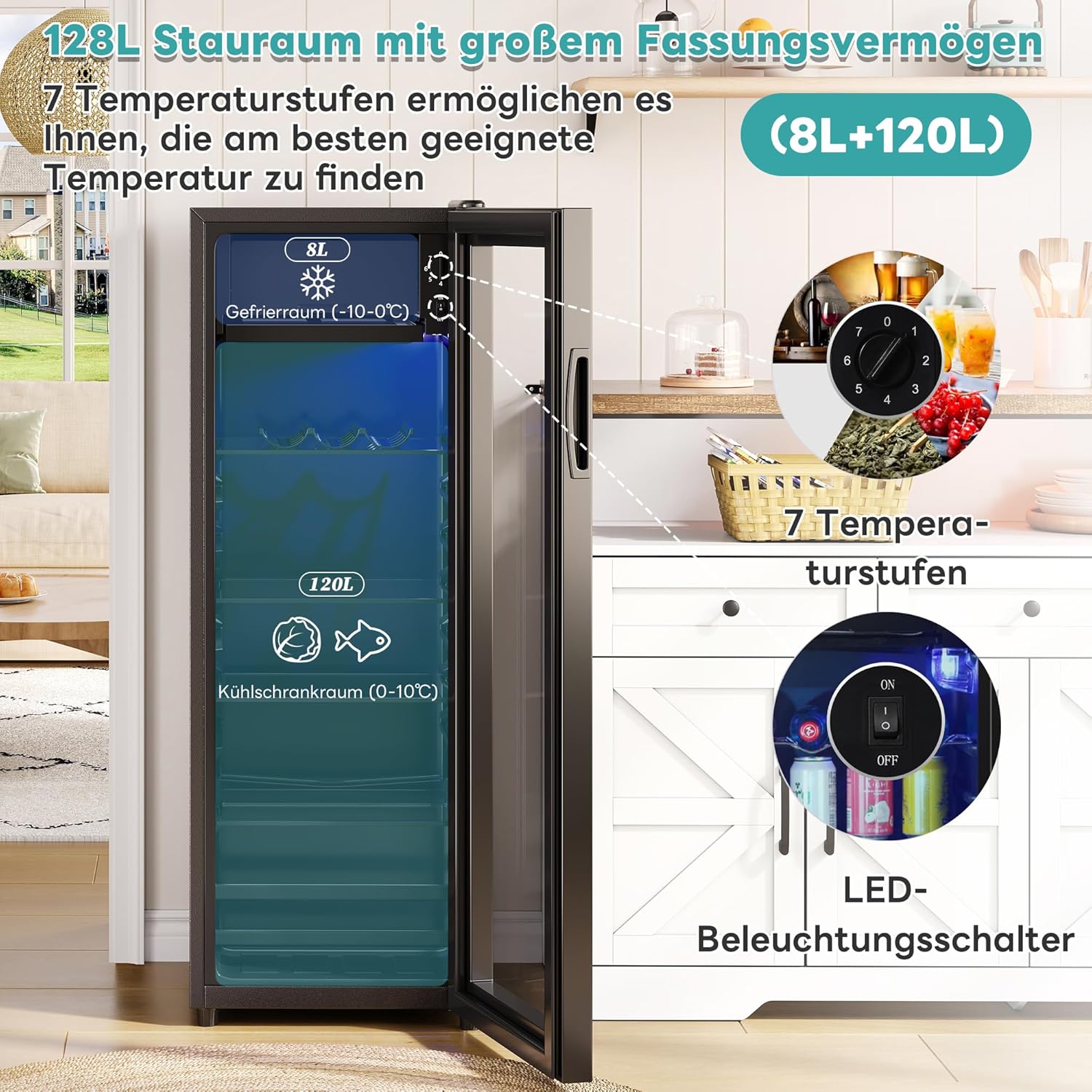 Merax Kühlschrank 128L, Freistehend Getränkekühler mit 120L-Kühlschrank + 8L-Gefrierschrank, mit LED-Innenbeleuchtung und Verstellbare Einlegeböden, Superleise für Restaurant, Bar, Getränke und Bier — Ansicht 4