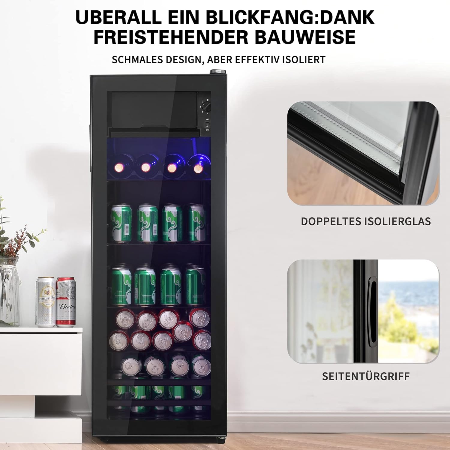 Merax Kühlschrank 128L reistehender Getränkekühler,8L-Gefrierschrank+120L-Kühlschrank,fasst 94 Dosen Limonade,Geräuscharmer Betrieb,Kompressorkühlsystem, energieeffizient,verstellbare Einlegeböden — Ansicht 3
