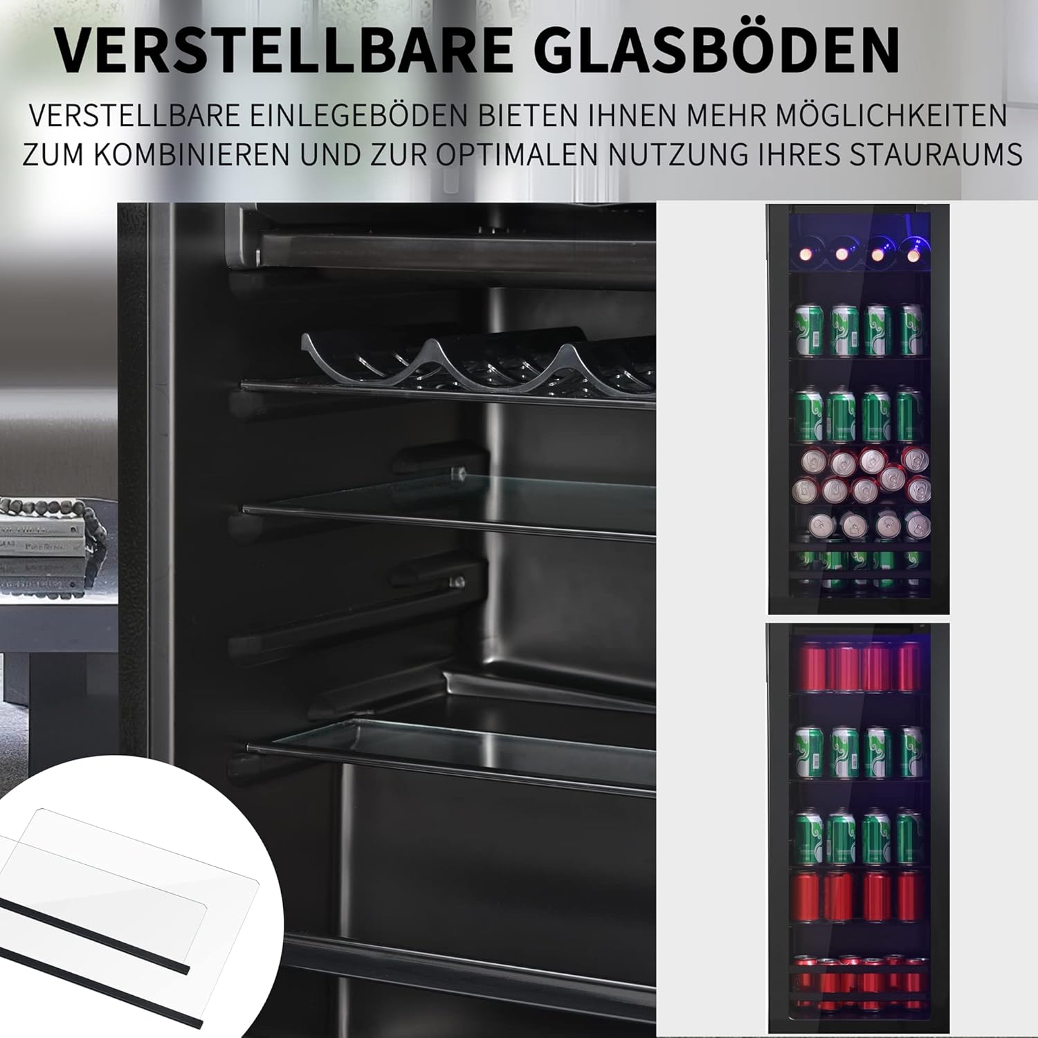 Merax Kühlschrank 128L reistehender Getränkekühler,8L-Gefrierschrank+120L-Kühlschrank,fasst 94 Dosen Limonade,Geräuscharmer Betrieb,Kompressorkühlsystem, energieeffizient,verstellbare Einlegeböden — Ansicht 5