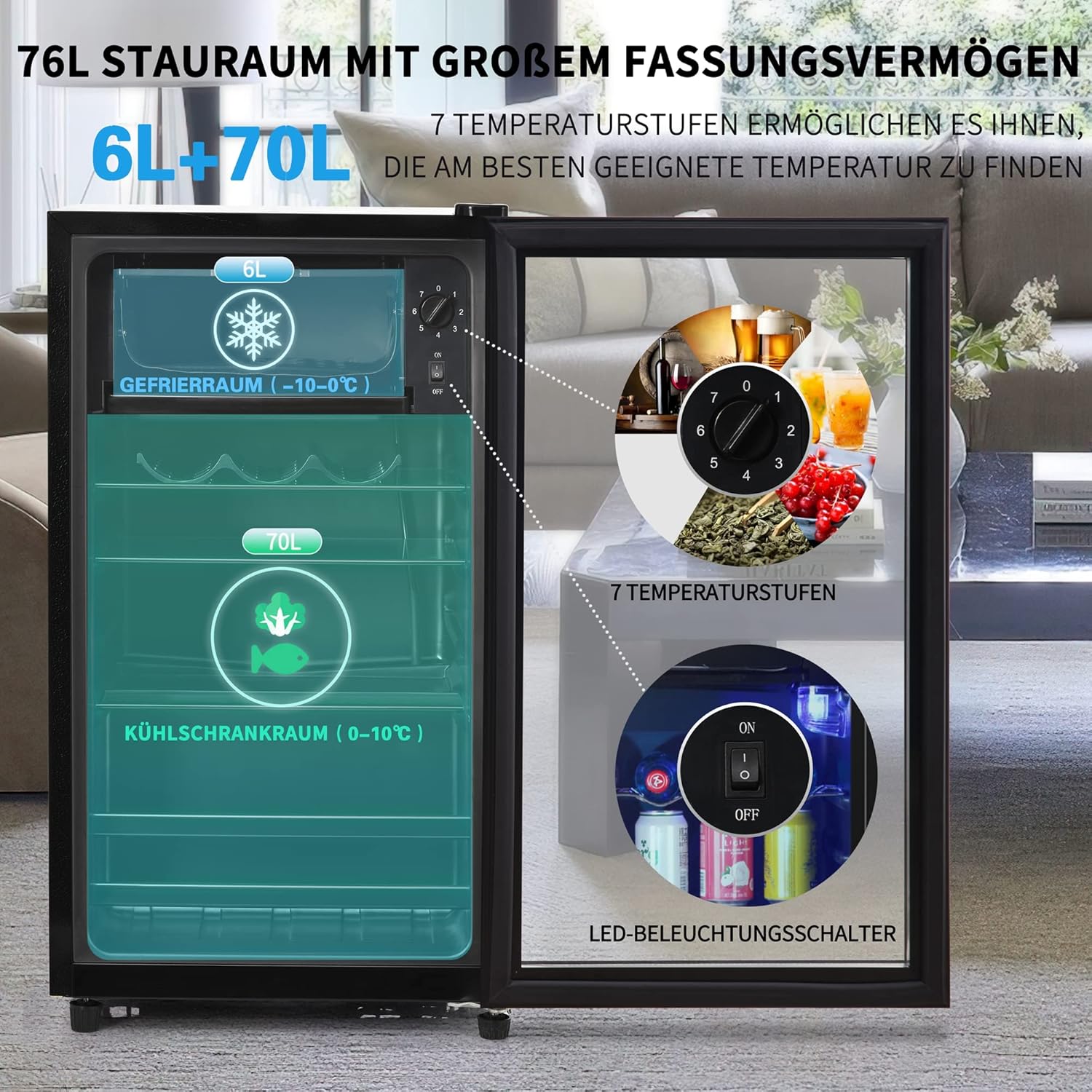 Merax Kühlschrank Mini 76L, Freistehend Getränkekühler mit 70L-Kühlschrank + 6L-Gefrierschrank, Verstellbare Einlegeböden, LED-Licht, Superleise für Restaurant Bar Getränke Bier, Schwarz — Ansicht 3