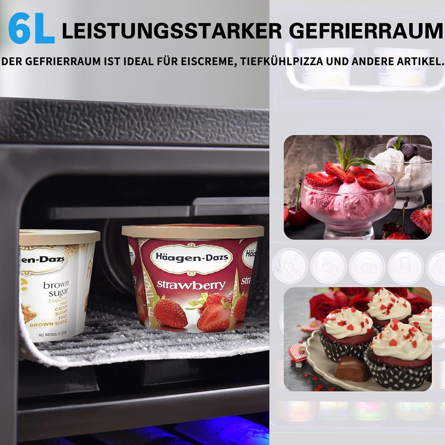 Merax Kühlschrank Mini 76L, Freistehend Getränkekühler mit 70L-Kühlschrank + 6L-Gefrierschrank, Verstellbare Einlegeböden, LED-Licht, Superleise für Restaurant Bar Getränke Bier, Schwarz — Ansicht 4