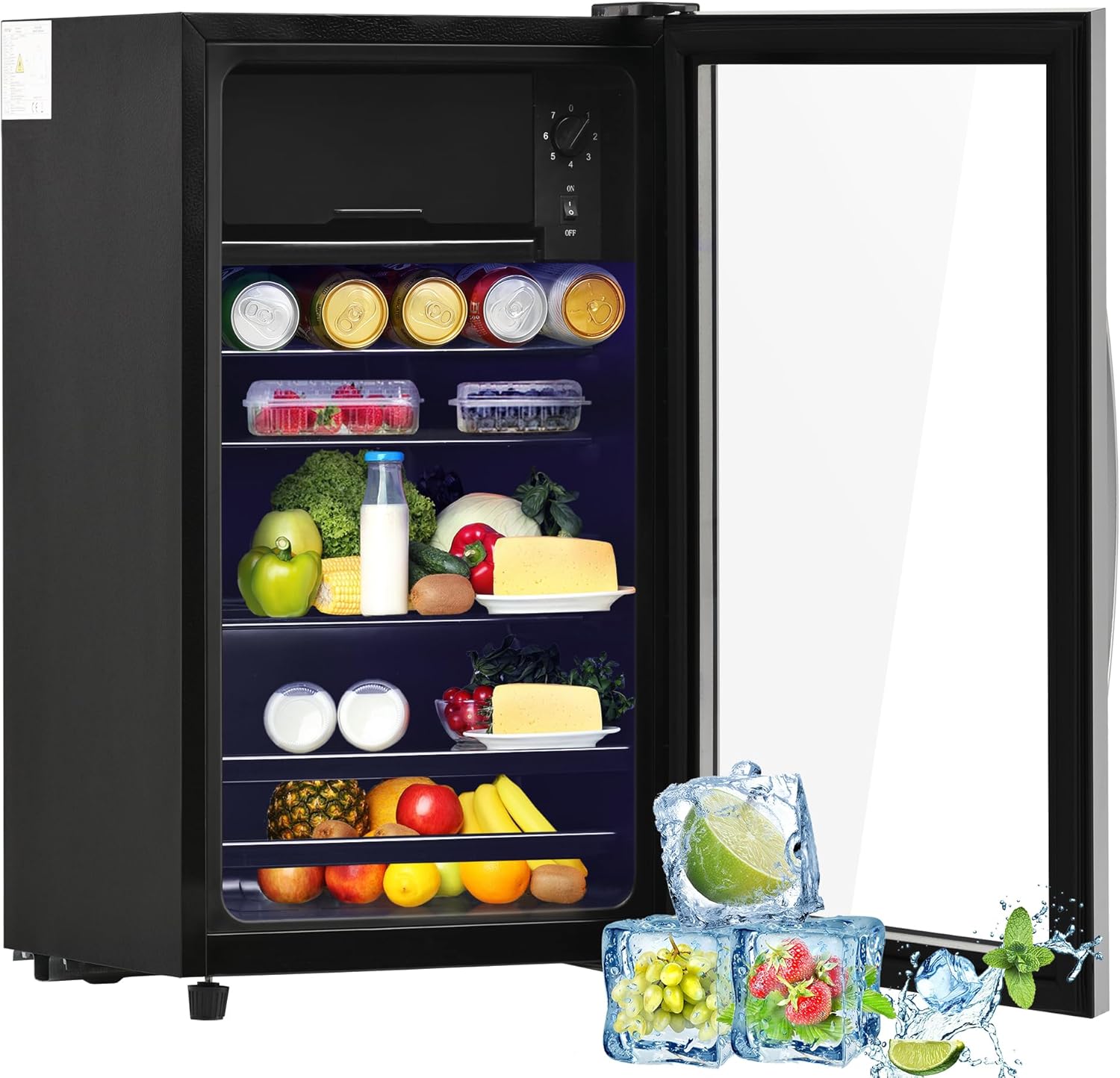 Merax Kühlschrank Mini 76L, Freistehend Getränkekühler mit 70L-Kühlschrank + 6L-Gefrierschrank, Verstellbare Einlegeböden, LED-Licht, Superleise für Restaurant Bar Getränke Bier, Schwarz