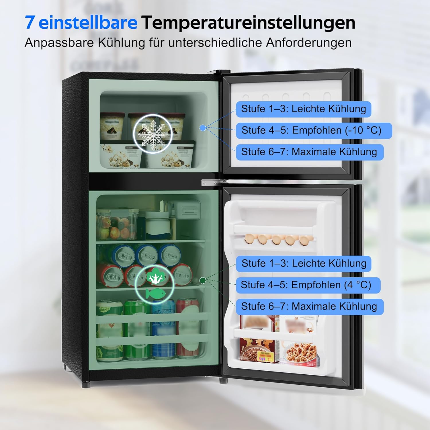 Merax Kühlschrank mit Gefrierfach, 60L Kleiner Kühlschrank, kompakt, Glastür, LED-Innenbeleuchtung, manuelle Temperaturregelung, Glasablagen, 45 dB(A), Mini Fridge für Studentenwohnheim Büro, Schwarz — Ansicht 5