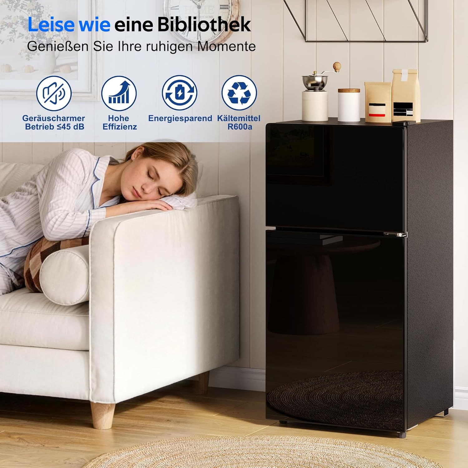 Merax Kühlschrank mit Gefrierfach, 60L Kleiner Kühlschrank, kompakt, Glastür, LED-Innenbeleuchtung, manuelle Temperaturregelung, Glasablagen, 45 dB(A), Mini Fridge für Studentenwohnheim Büro, Schwarz — Ansicht 6