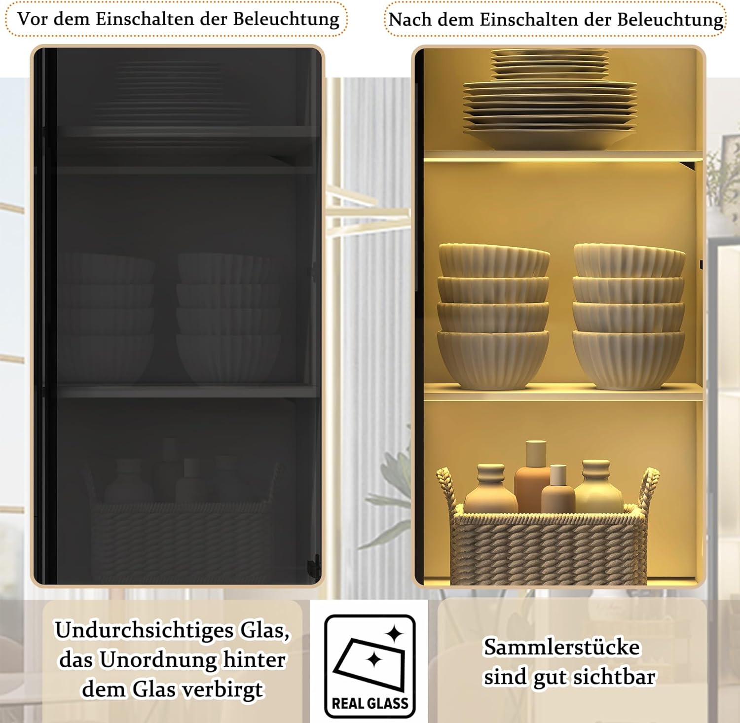 Merax LED-Vitrine 140x40x160 cm, Multifunktionsschrank mit Glas- und offenen Fächern, mehrfarbige LED-Beleuchtung, staubdichte Glasfront, Weiß — Ansicht 3