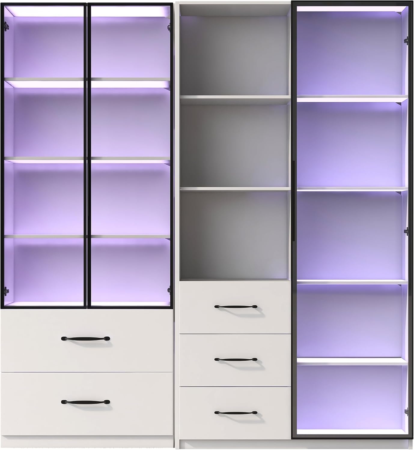 Merax LED-Vitrine 140x40x160 cm, Multifunktionsschrank mit Glas- und offenen Fächern, mehrfarbige LED-Beleuchtung, staubdichte Glasfront, Weiß — Ansicht 6