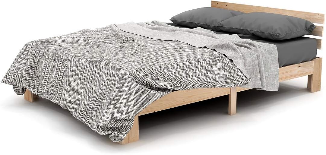 Merax Massivholzbett Holzbett Doppelbett, Bettrahmen aus Holz mit Kopfteil und Lattenrost, 140 x 200 cm, Holzlattenunterstützung, Stauraum unter dem Bett, Schlafzimmermöbel, Eichefarbig — Ansicht 5