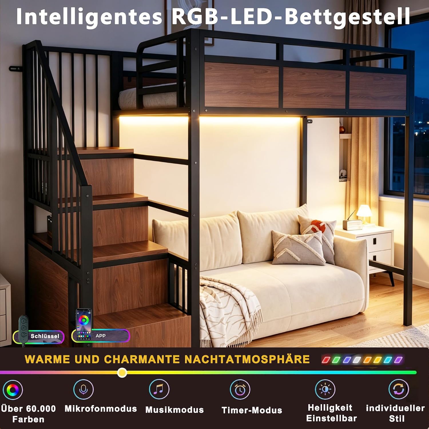 Merax Metall-Hochbett 90x200 cm mit erhöhtem Sicherheitsgitter, beidseitig montierbarer Stauraumleiter & LED – Schwarz (Ohne Matratze) — Ansicht 4