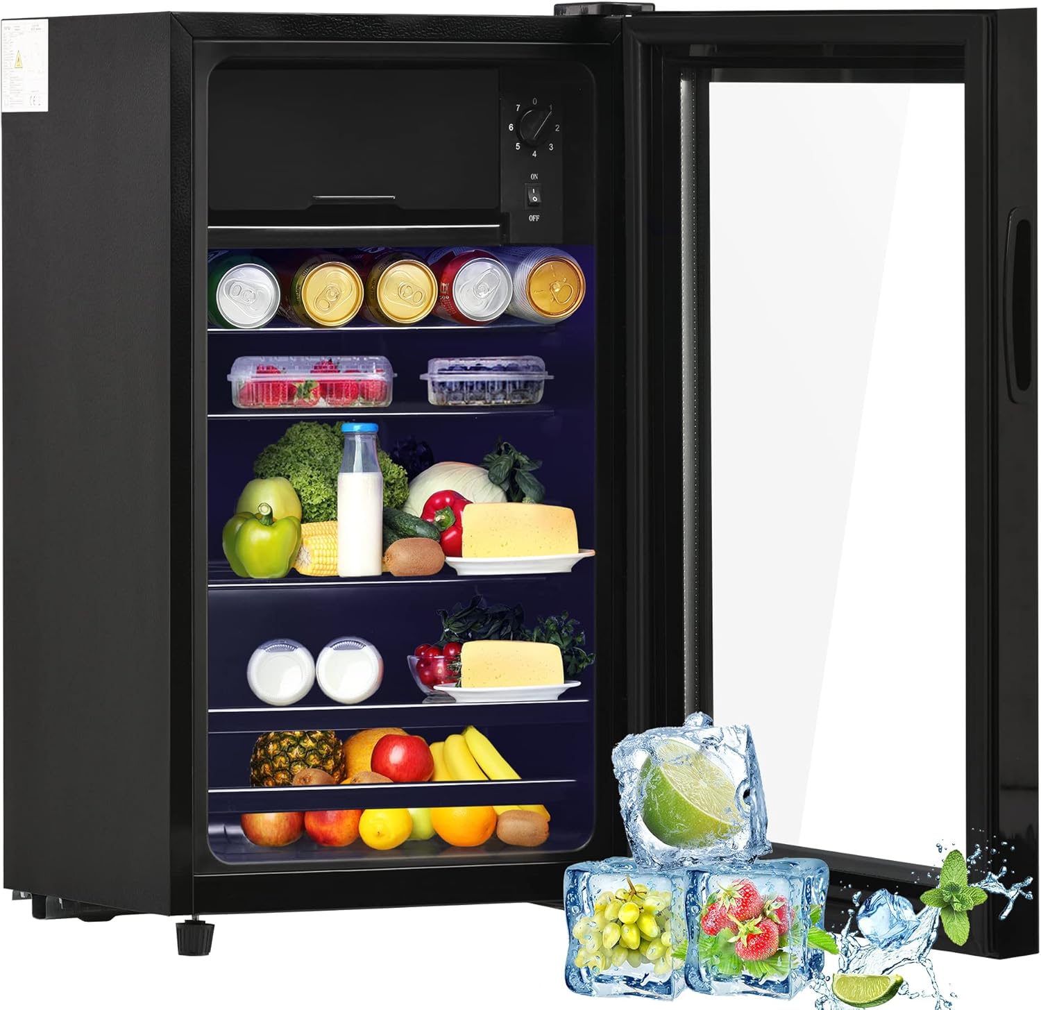 Merax Mini Kühlschrank 76L mit Gefrierfach 6L, Kompressor Kühlschrank leise 43dB, Getränkekühlschrank 51 Dosen Kapazität, freistehender Mini Kühlschrank mit LED & Glastür, Schwarz