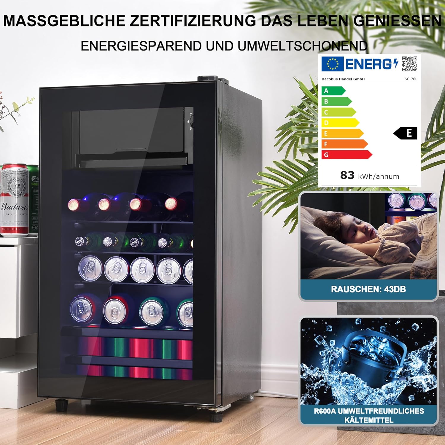 Merax Mini-Kühlschrank mit Glastür&LED, Flaschenkühlschrank, Getränkekühlschrank, 6L+70L für Eis, -10-0°C, 83kWh/Jahr, 71.6 * 40.0 * 43.5cm, geeignet für Büros/Haus — Ansicht 3