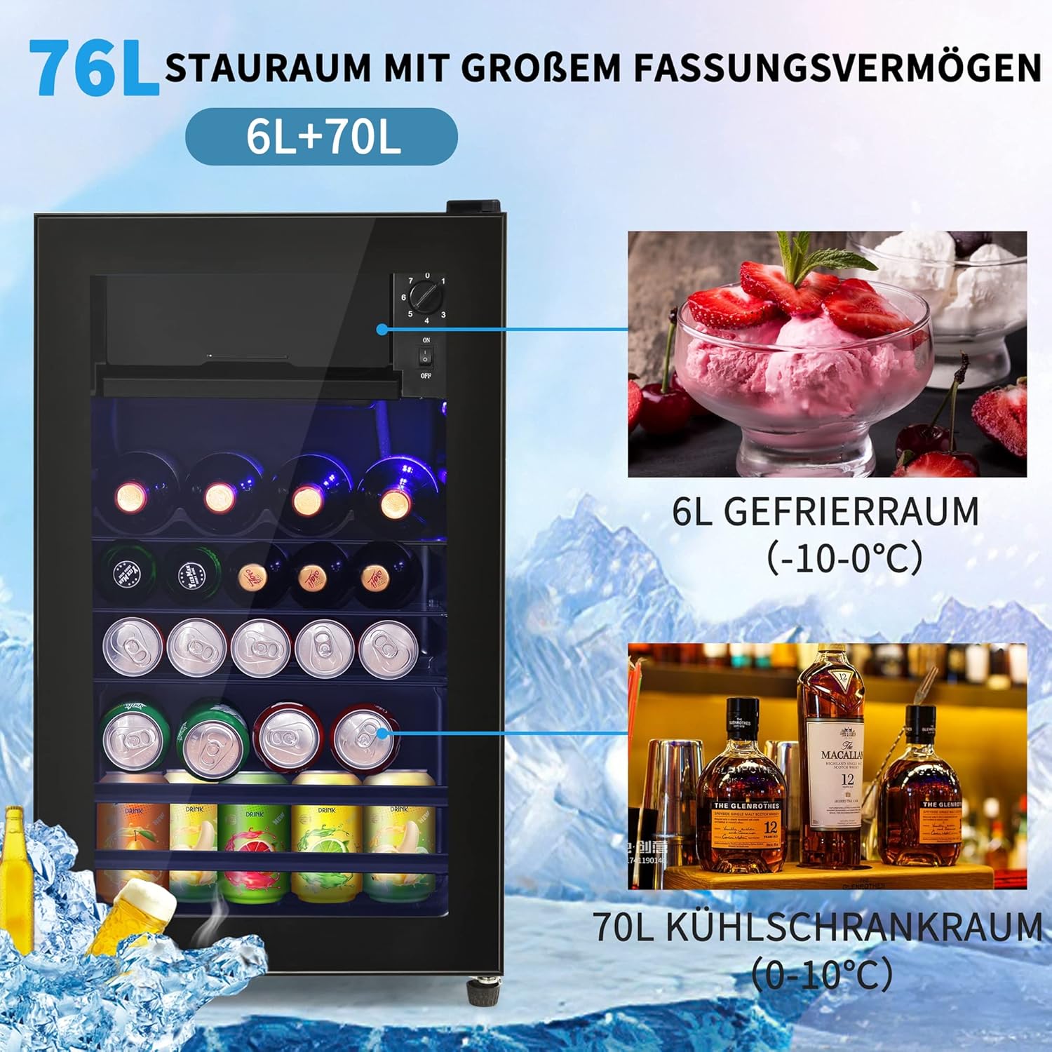 Merax Mini-Kühlschrank mit Glastür&LED, Flaschenkühlschrank, Getränkekühlschrank, 6L+70L für Eis, -10-0°C, 83kWh/Jahr, 71.6 * 40.0 * 43.5cm, geeignet für Büros/Haus — Ansicht 5