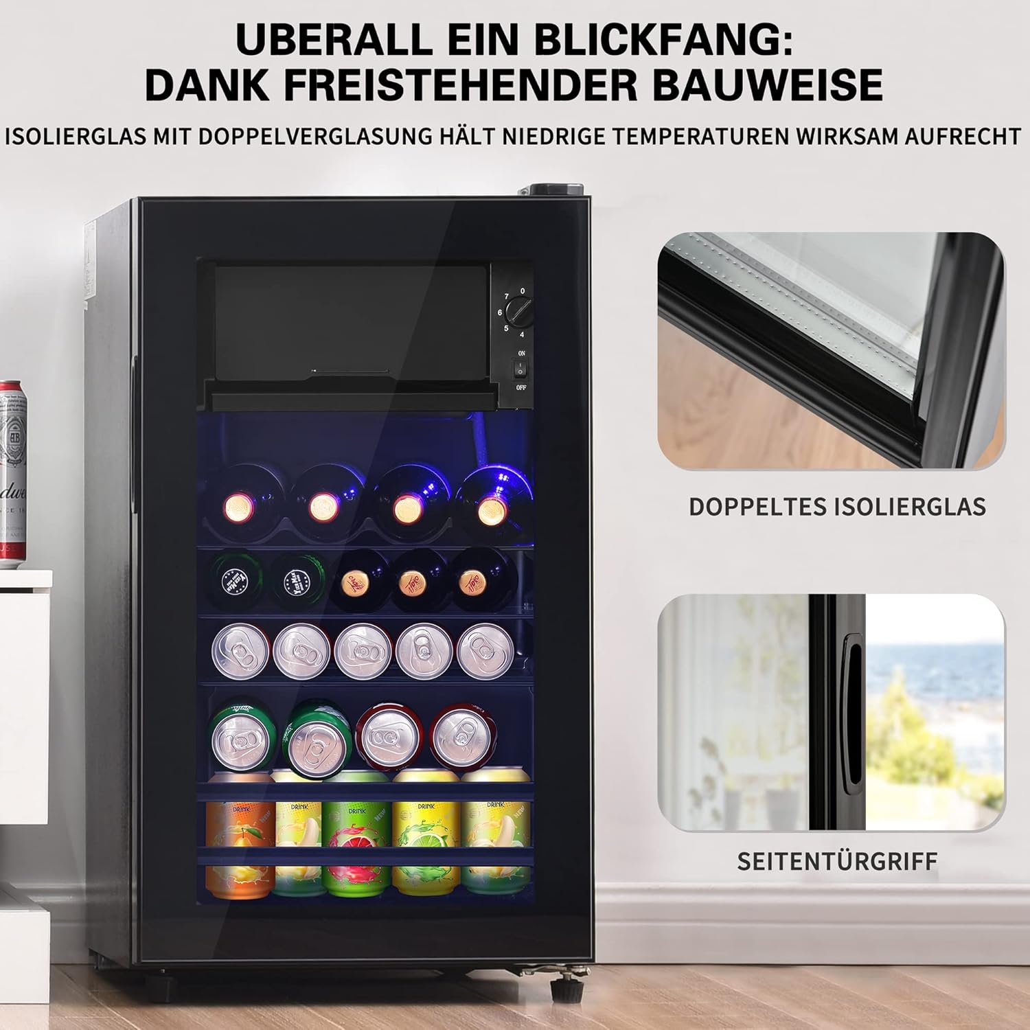 Merax Mini-Kühlschrank mit Glastür&LED, Flaschenkühlschrank, Getränkekühlschrank, 6L+70L für Eis, -10-0°C, 83kWh/Jahr, 71.6 * 40.0 * 43.5cm, geeignet für Büros/Haus — Ansicht 6