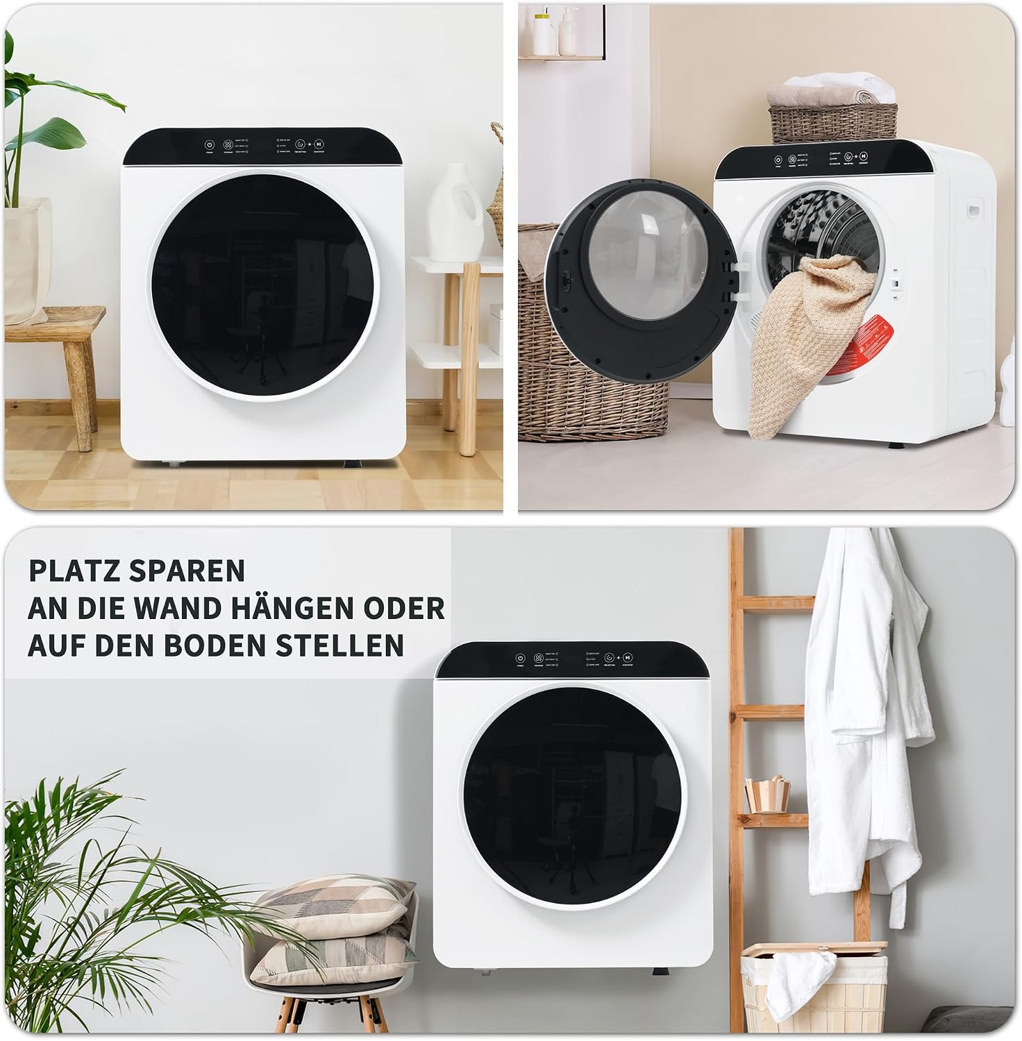 Merax Mini Wäschetrockner 3 kg (bis 4,5 kg) – Abgastrockner mit 6 Programmen, UV- & Hochtemperatur-Sterilisation, Timer 10–180 Min, Kindersicherung, Überhitzungsschutz, Wandmontage, 830 W — Ansicht 4