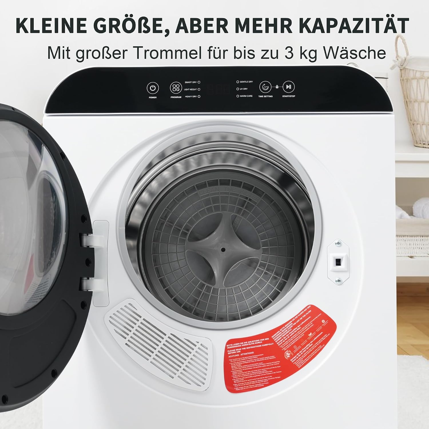Merax Mini Wäschetrockner 3 kg (bis 4,5 kg) – Abgastrockner mit 6 Programmen, UV- & Hochtemperatur-Sterilisation, Timer 10–180 Min, Kindersicherung, Überhitzungsschutz, Wandmontage, 830 W — Ansicht 5
