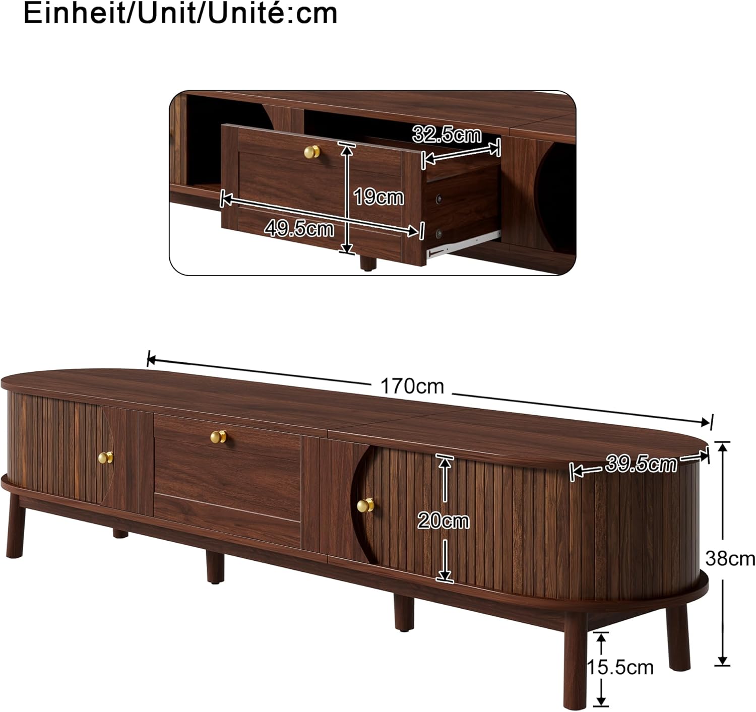 Merax Moderner TV-Ständer 170x39,5x38 cm, mit Schubladen und Schiebetüren, abgerundete Ecken, TV-Lowboard mit Stauraum für Wohnzimmer und Schlafzimmer, dunkle Holzfarbe — Ansicht 2