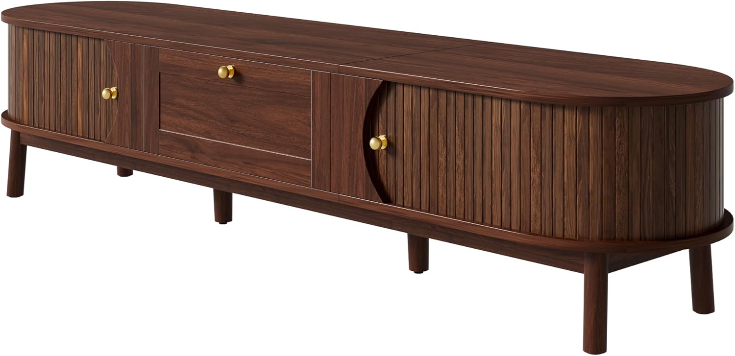 Merax Moderner TV-Ständer 170x39,5x38 cm, mit Schubladen und Schiebetüren, abgerundete Ecken, TV-Lowboard mit Stauraum für Wohnzimmer und Schlafzimmer, dunkle Holzfarbe — Ansicht 6