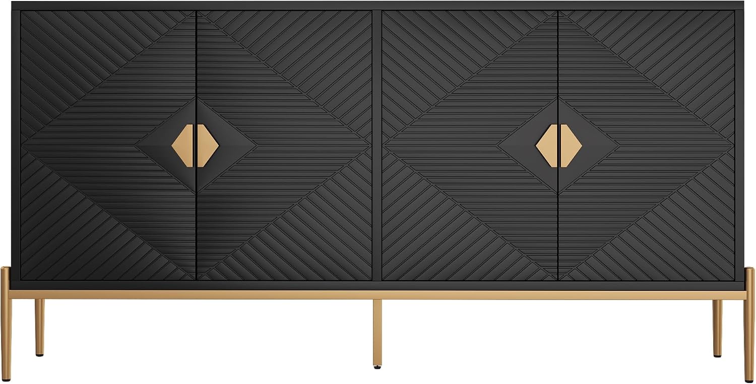 Merax Modernes Sideboard 162x40x80 cm, mit Vier Türen, Metallbeine, geometrisches Muster, großer Stauraum, Wohnzimmer Esszimmer Eingang, Elegante Kommode, Schwarz — Ansicht 5