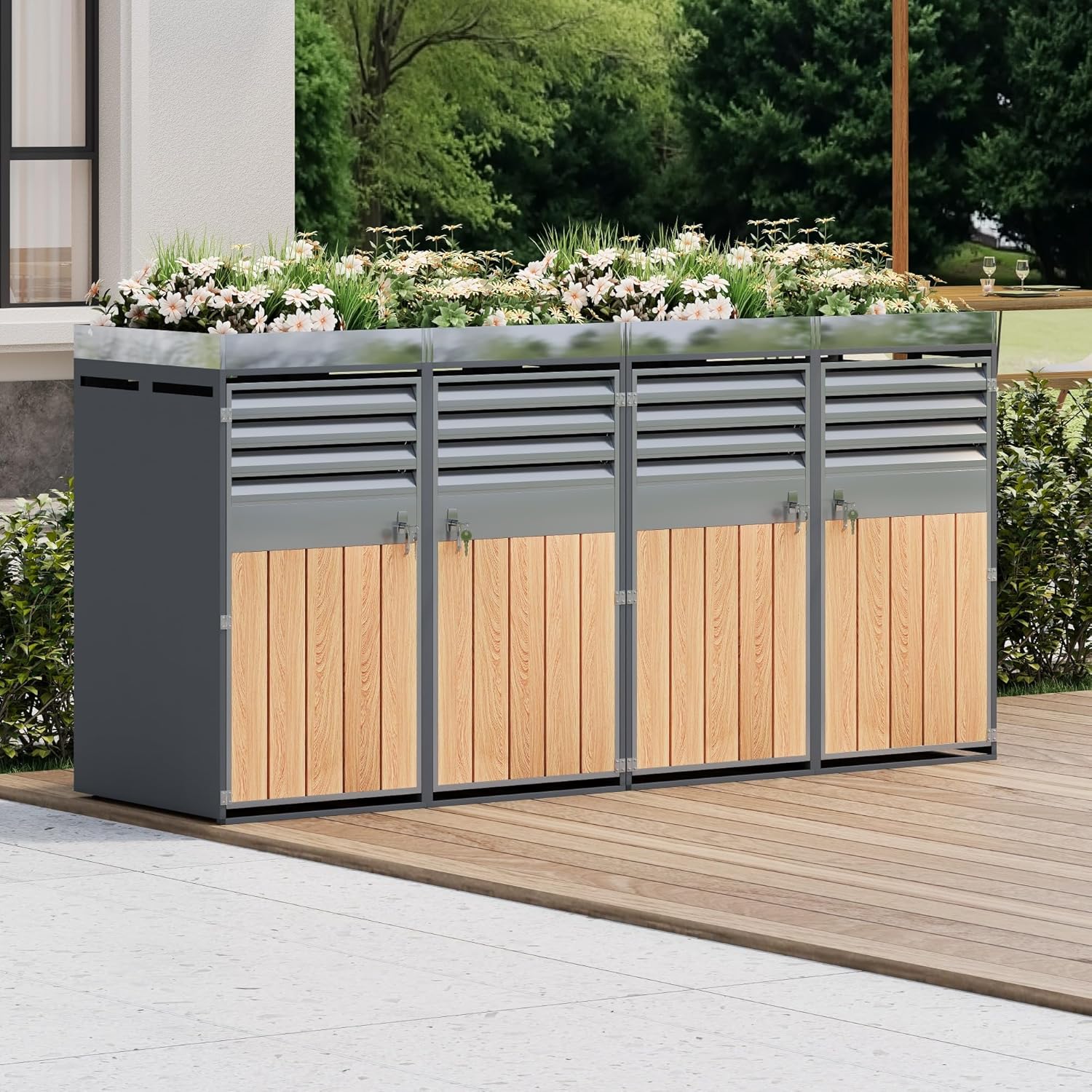 Merax Mülltonnenbox 4er mit Pflanzdach, Abschließbarer Mülltonnenschrank aus verzinktem Stahl, Mülltonnenverkleidung mit Lüftungsöffnung & Lamellen,Viertüriges Türen, für Garten & Terrasse — Ansicht 3