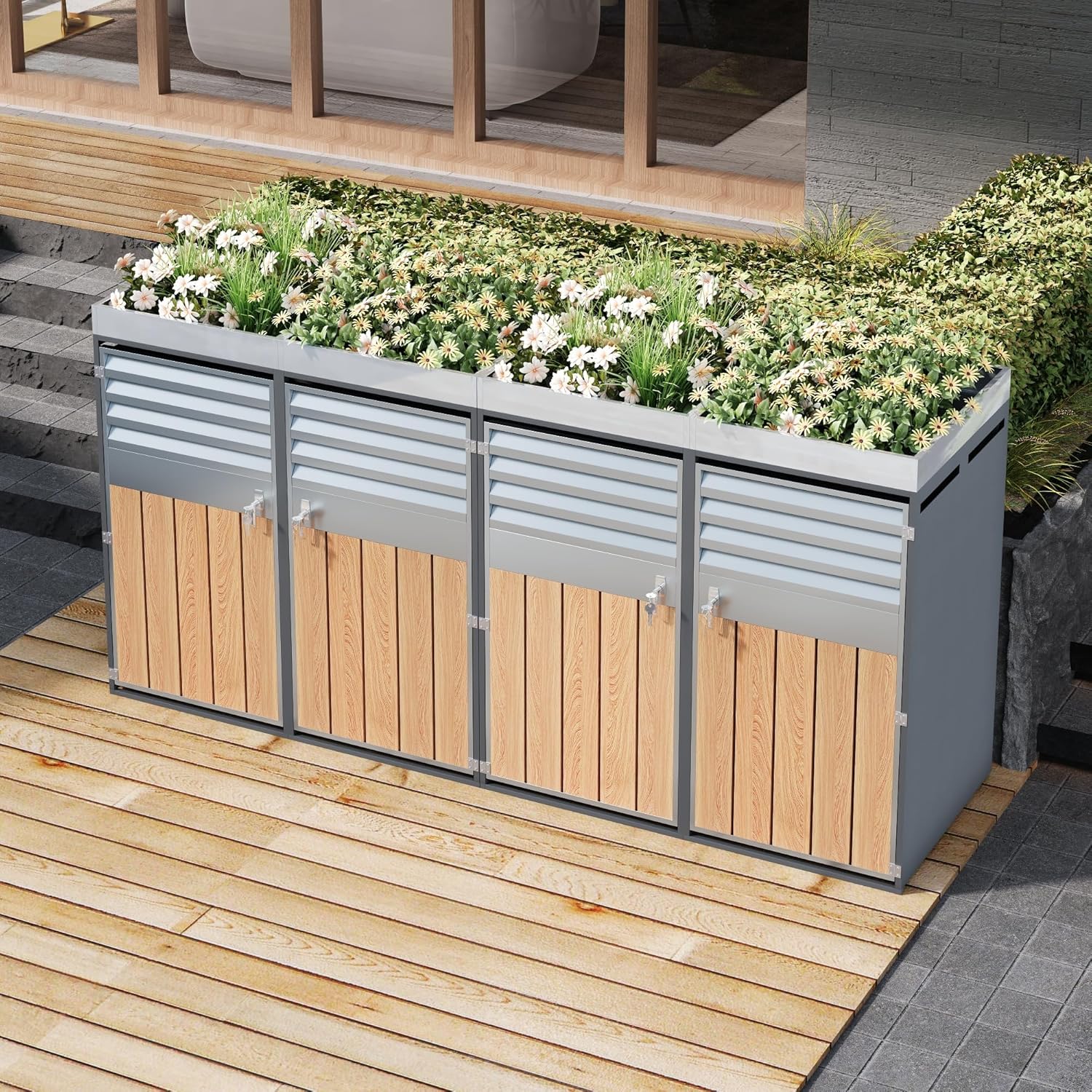 Merax Mülltonnenbox 4er mit Pflanzdach, Abschließbarer Mülltonnenschrank aus verzinktem Stahl, Mülltonnenverkleidung mit Lüftungsöffnung & Lamellen,Viertüriges Türen, für Garten & Terrasse — Ansicht 5