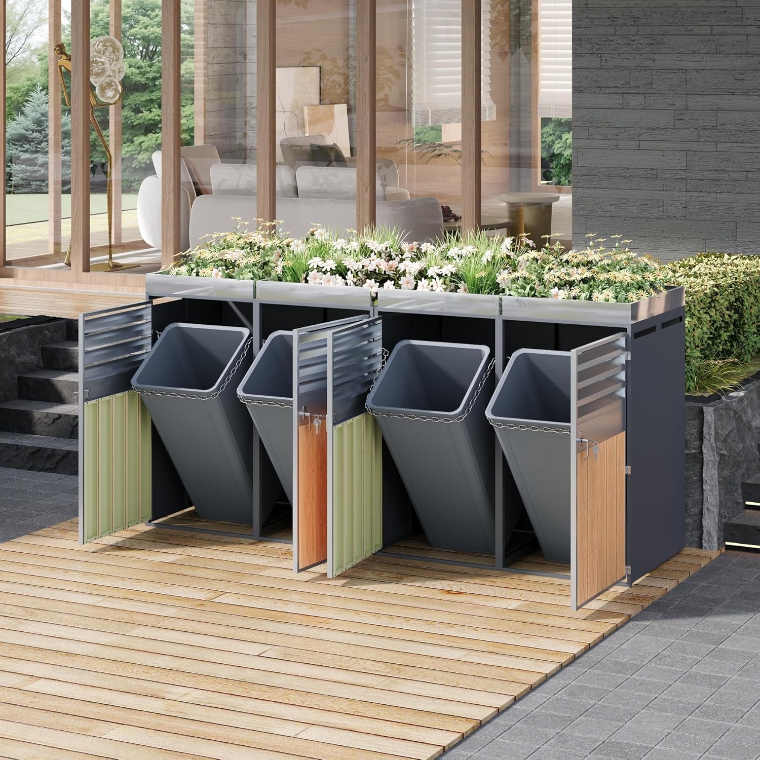 Merax Mülltonnenbox 4er mit Pflanzdach, Abschließbarer Mülltonnenschrank aus verzinktem Stahl, Mülltonnenverkleidung mit Lüftungsöffnung & Lamellen,Viertüriges Türen, für Garten & Terrasse — Ansicht 6